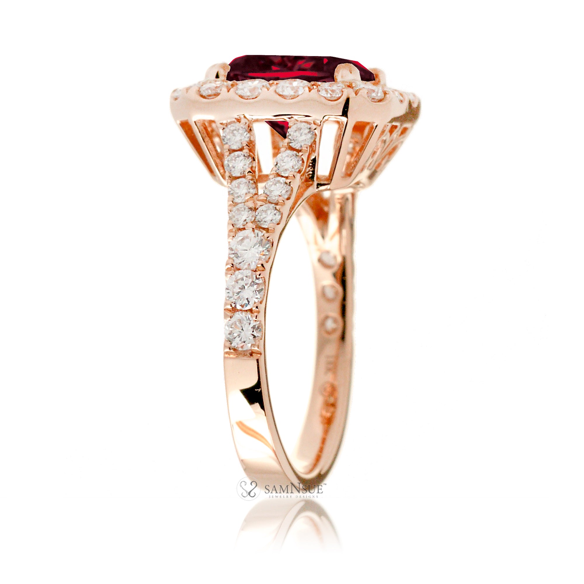 Emerald-Cut Ruby Engagement Ring with Diamond Halo and Split Shank Rose Gold