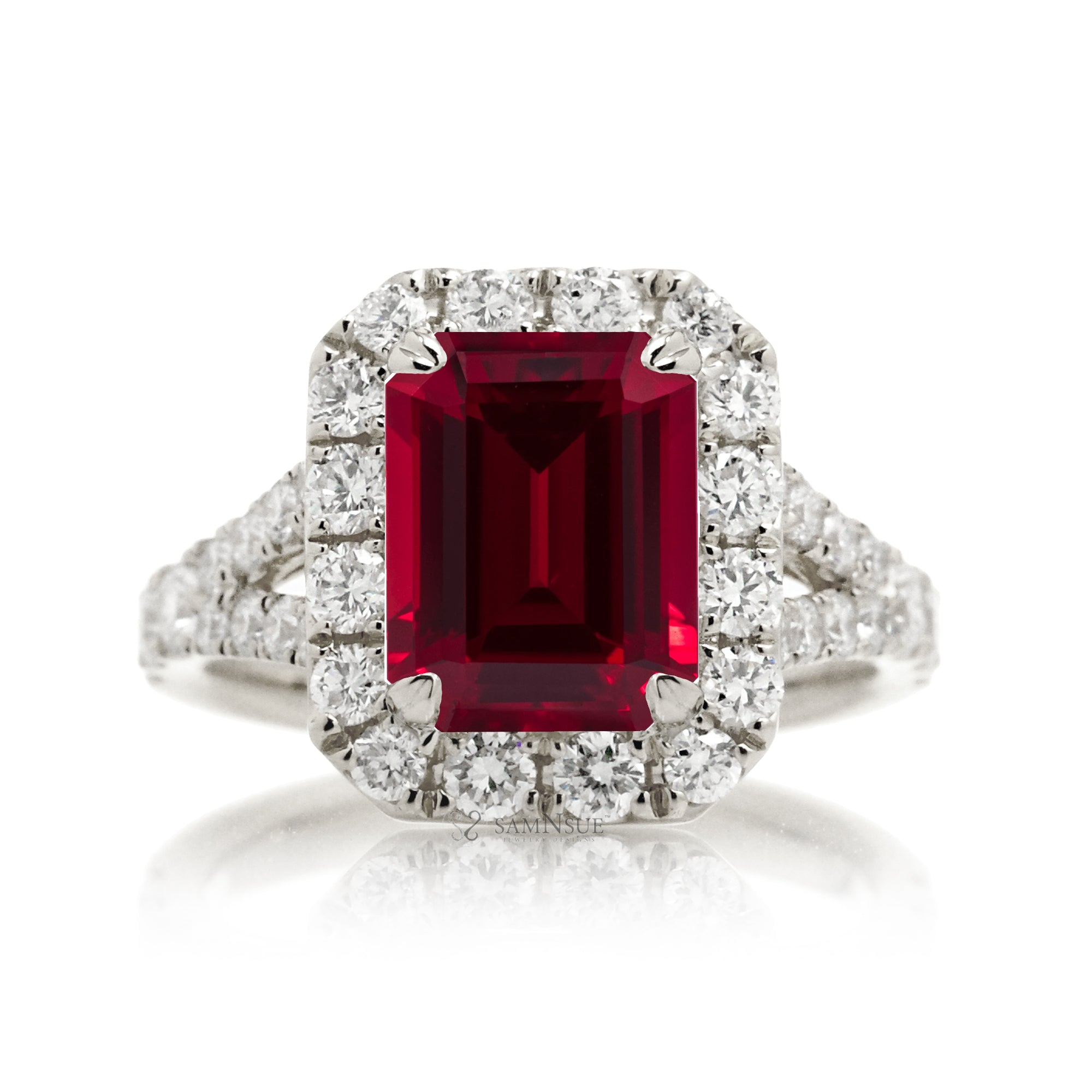 Emerald-Cut Ruby Engagement Ring with Diamond Halo and Split Shank White Gold