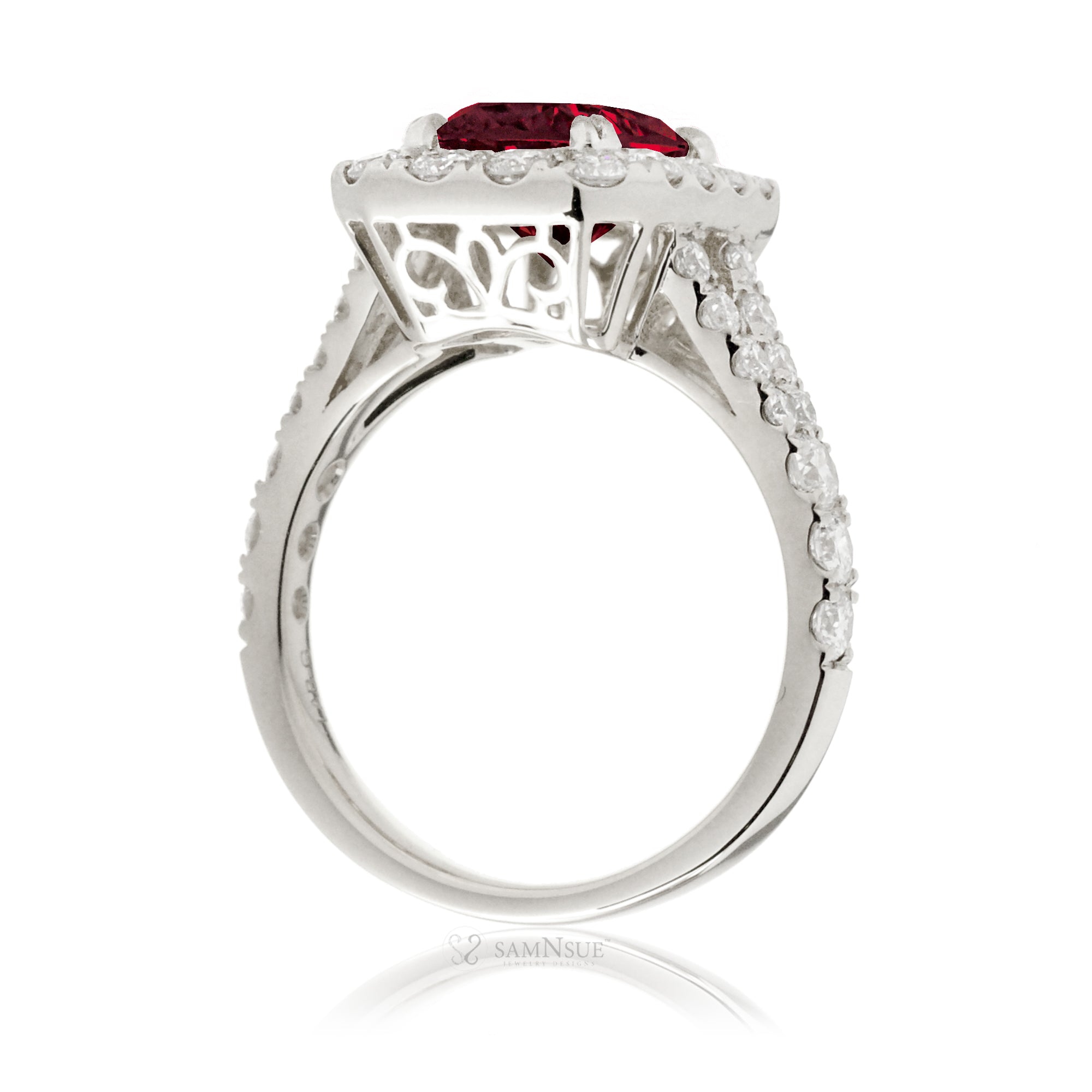 Emerald-Cut Ruby Engagement Ring with Diamond Halo and Split Shank White Gold