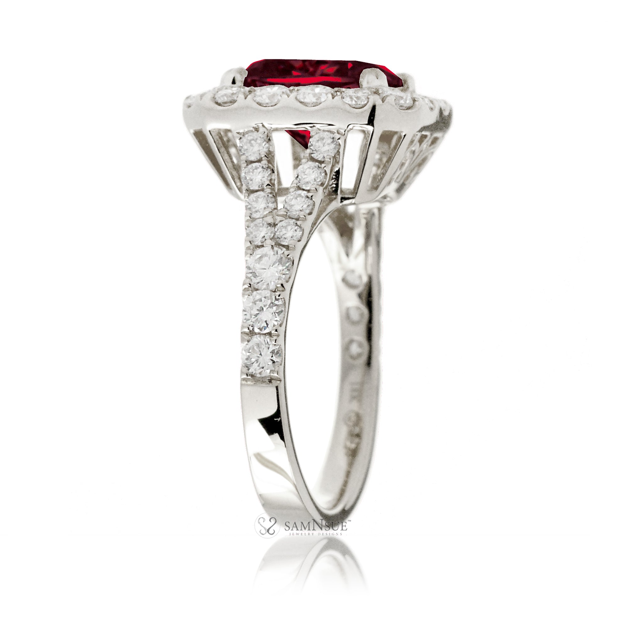 Emerald-Cut Ruby Engagement Ring with Diamond Halo and Split Shank White Gold