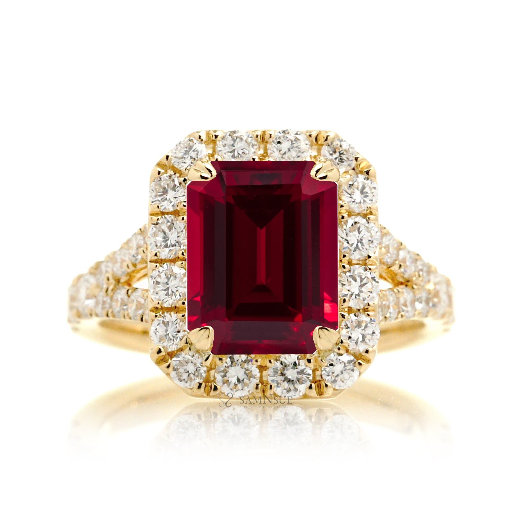 Emerald-Cut Ruby Engagement Ring with Diamond Halo and Split Shank Yellow Gold