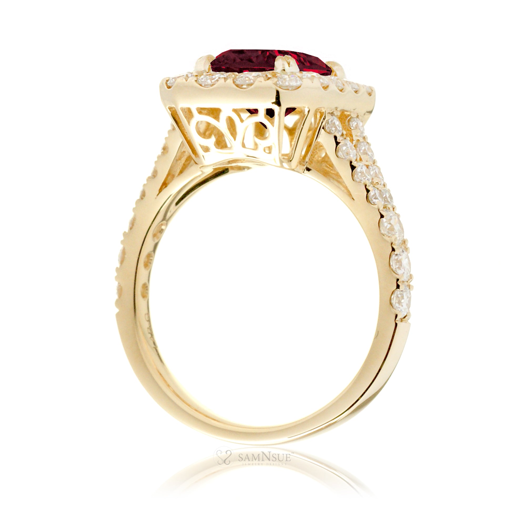 Emerald-Cut Ruby Engagement Ring with Diamond Halo and Split Shank Yellow Gold