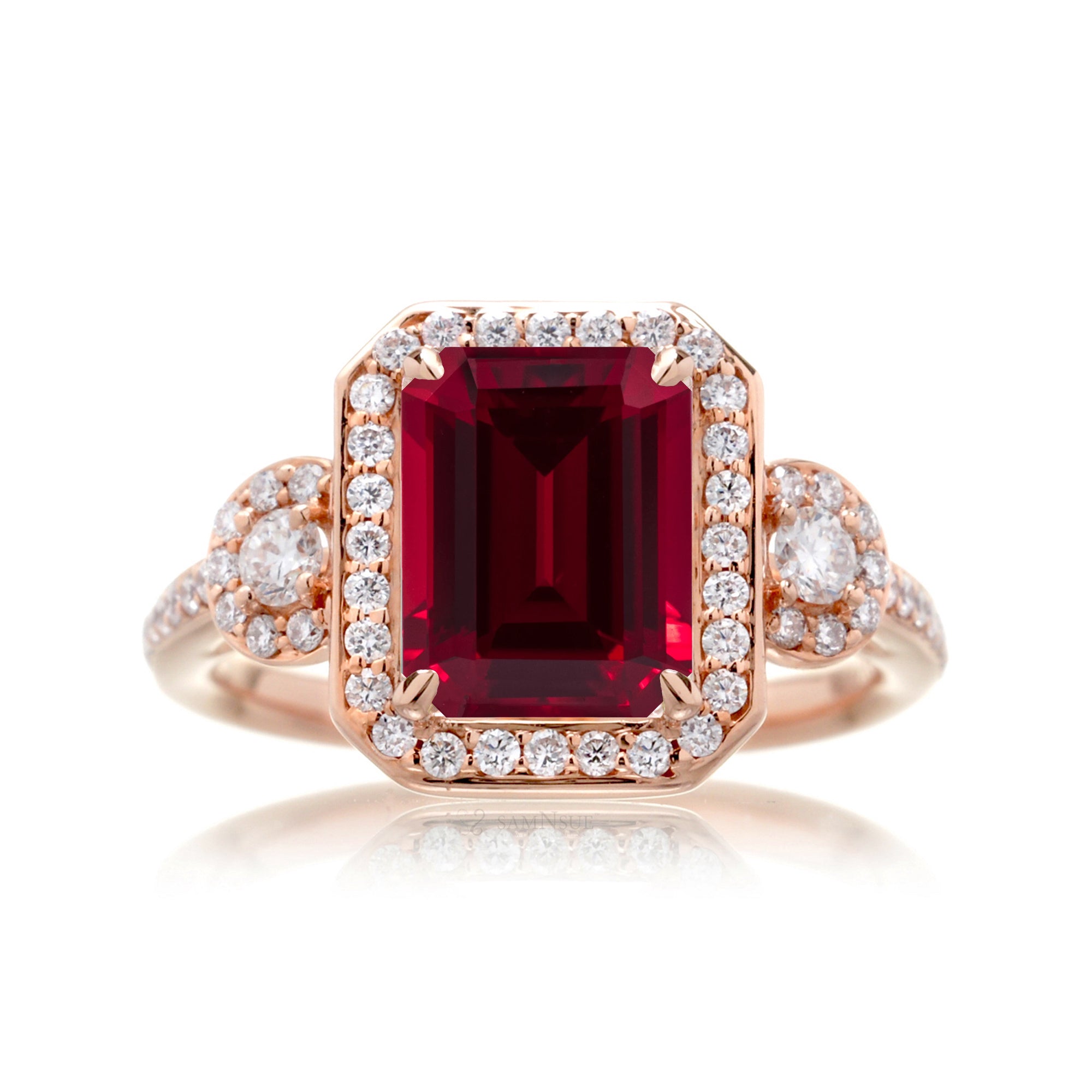 Emerald Cut Ruby Engagement Ring with Diamond Accents