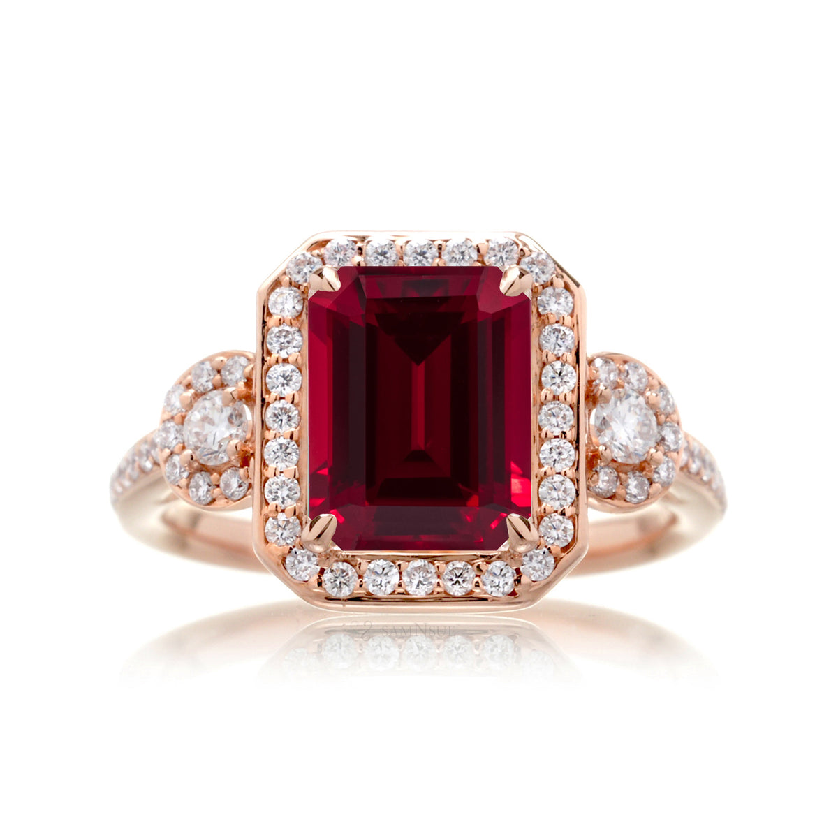 Emerald Cut Ruby Engagement Ring with Diamond Halo