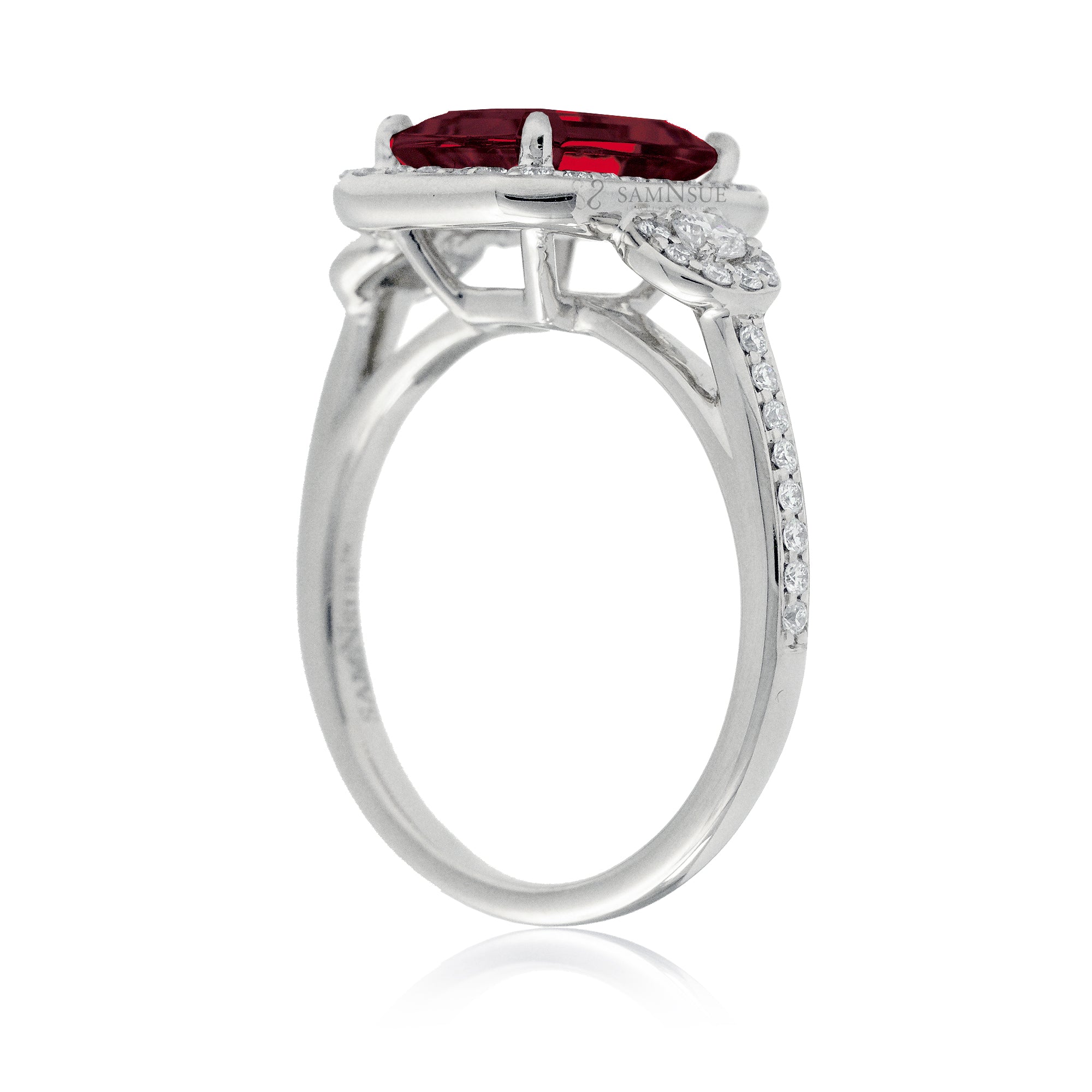 Ruby and Diamond Halo Engagement Ring – Emerald Cut Design