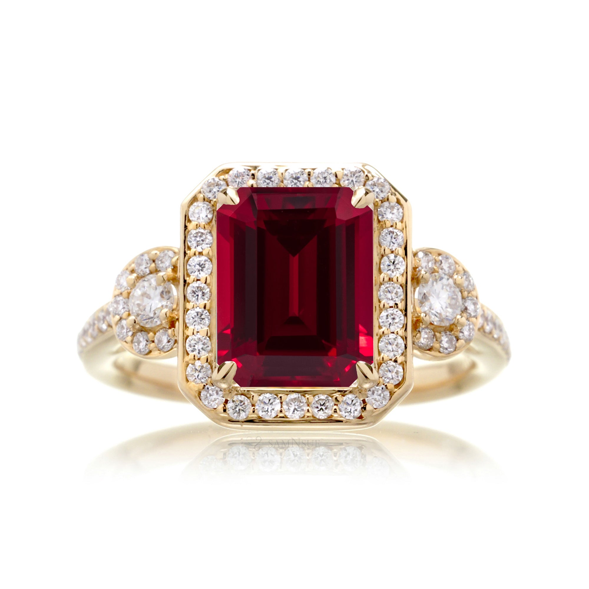Classic Ruby Engagement Ring with Diamonds – Emerald Cut Setting