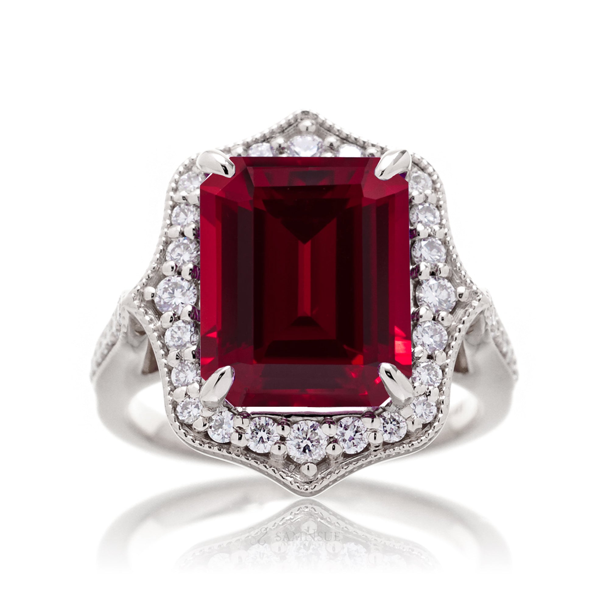 Emerald-Cut Ruby and Diamond Ring in White Gold