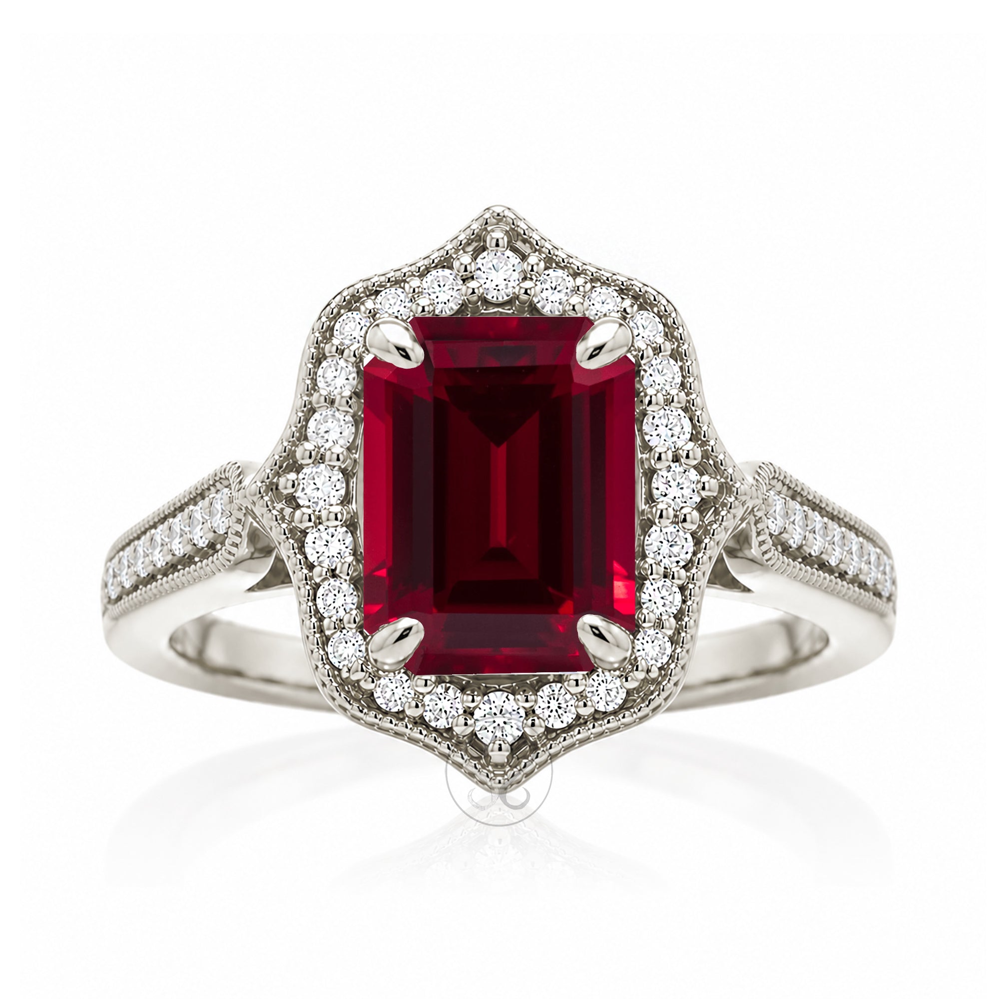 Emerald-Cut Ruby and Diamond Ring in White Gold