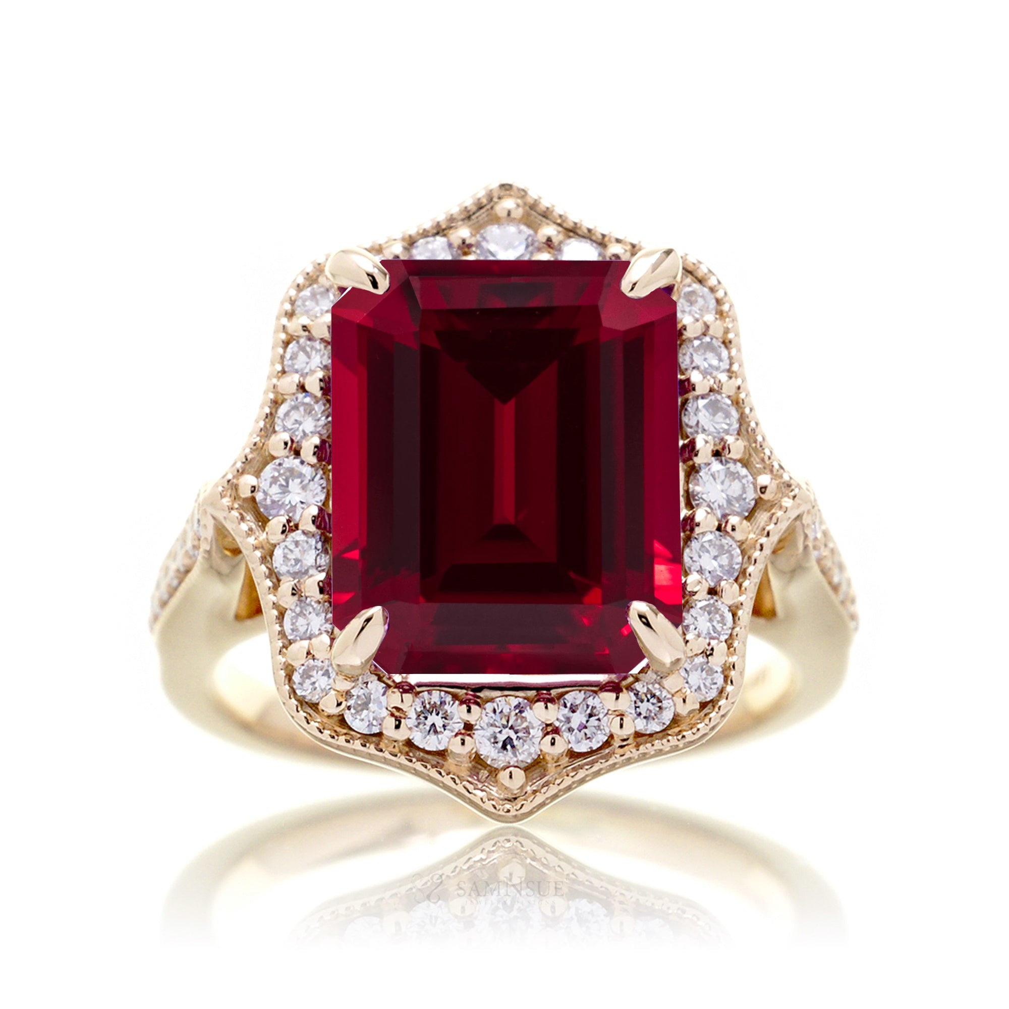 Vintage Ruby and Diamond Halo Ring in Yellow Gold