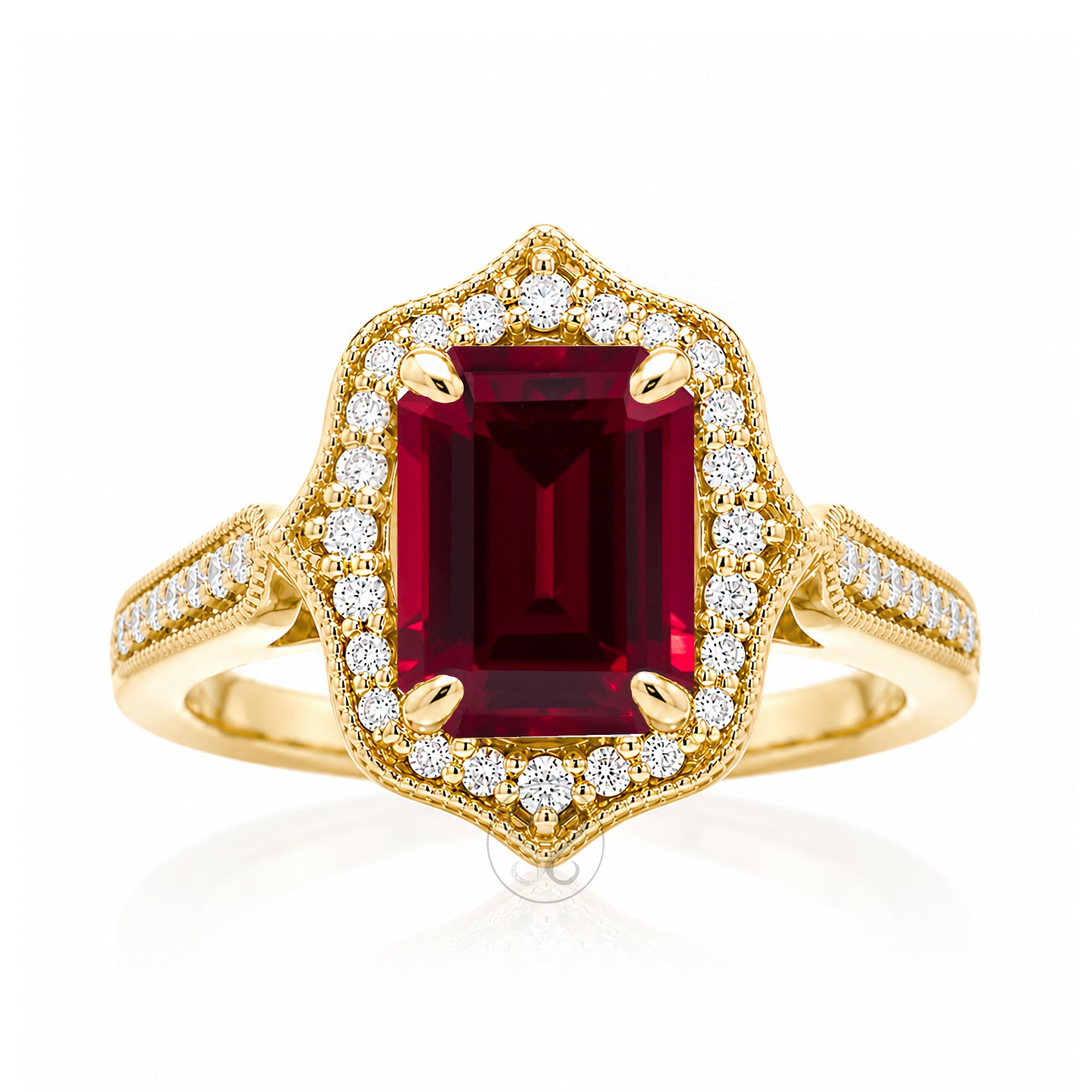 Vintage Ruby and Diamond Halo Ring in Yellow Gold