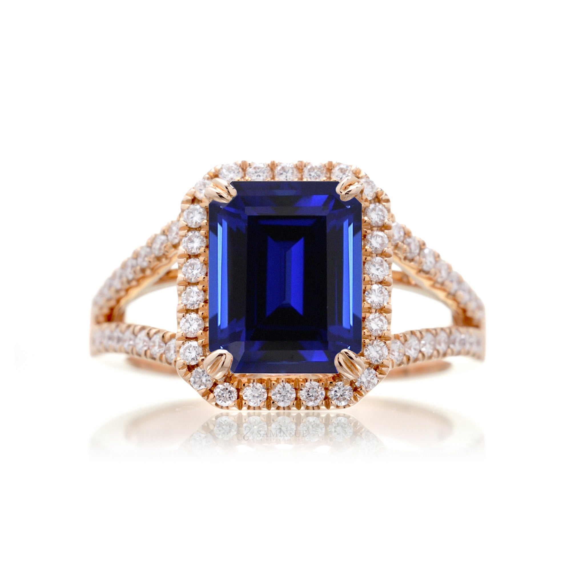 The Signature Split Band Sapphire Emerald Cut Halo Ring