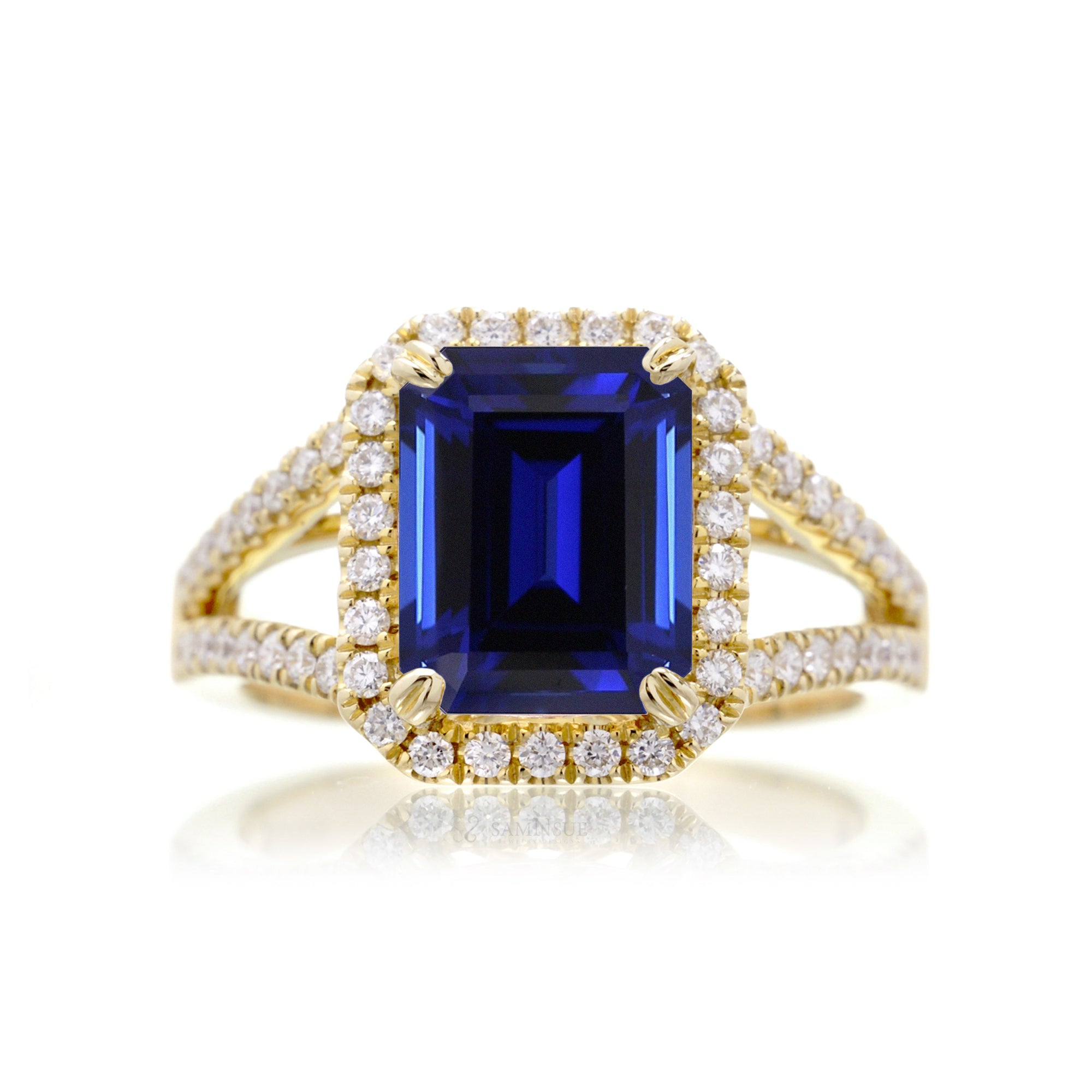 The Signature Split Band Sapphire Emerald Cut Halo Ring