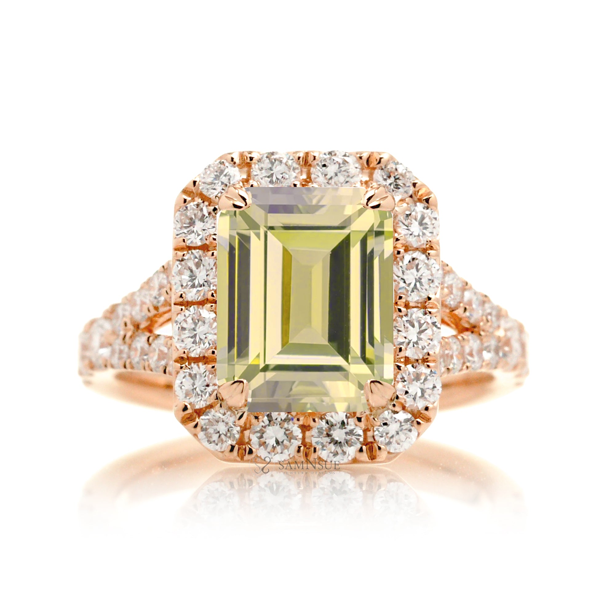 Yellow Sapphire Engagement Ring with Emerald Cut and Split Diamond Band – The Meghan in Rose Gold