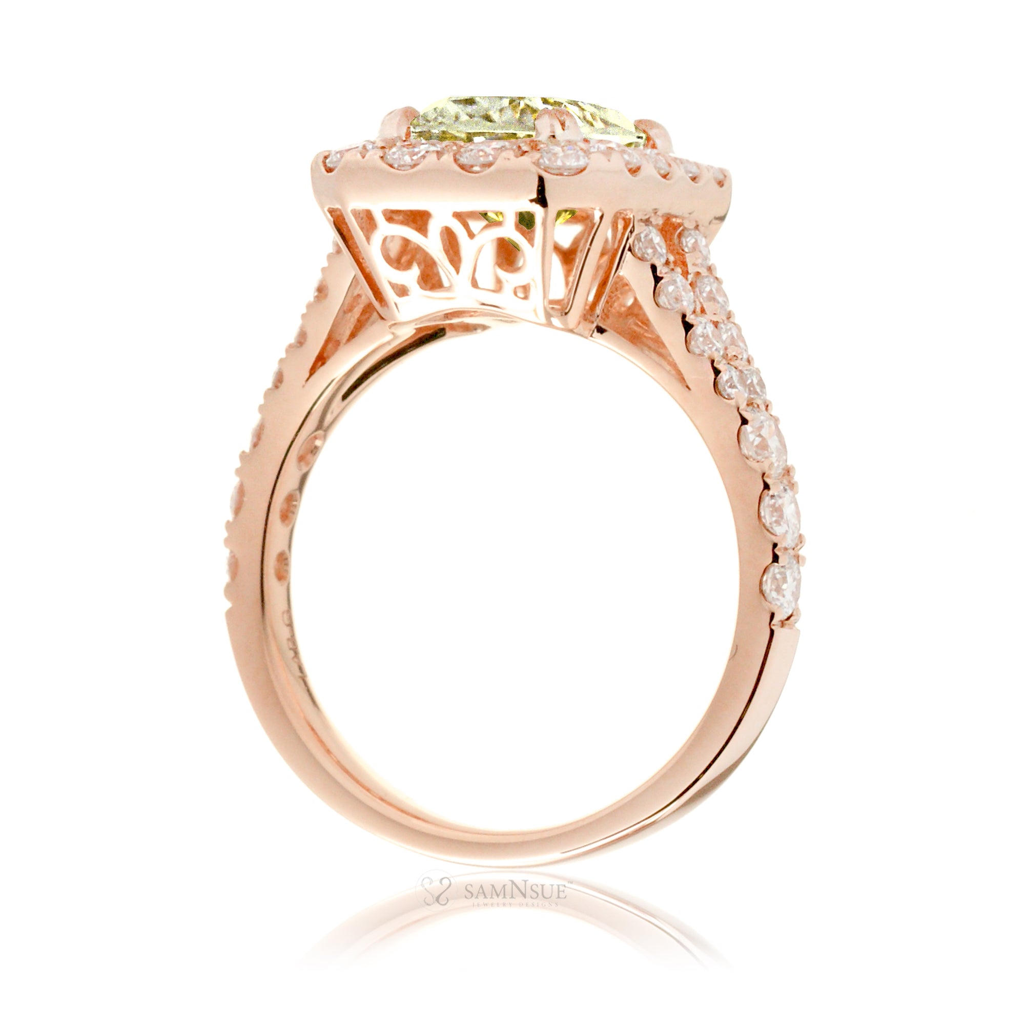 Yellow Sapphire Engagement Ring with Emerald Cut and Split Diamond Band – The Meghan in Rose Gold