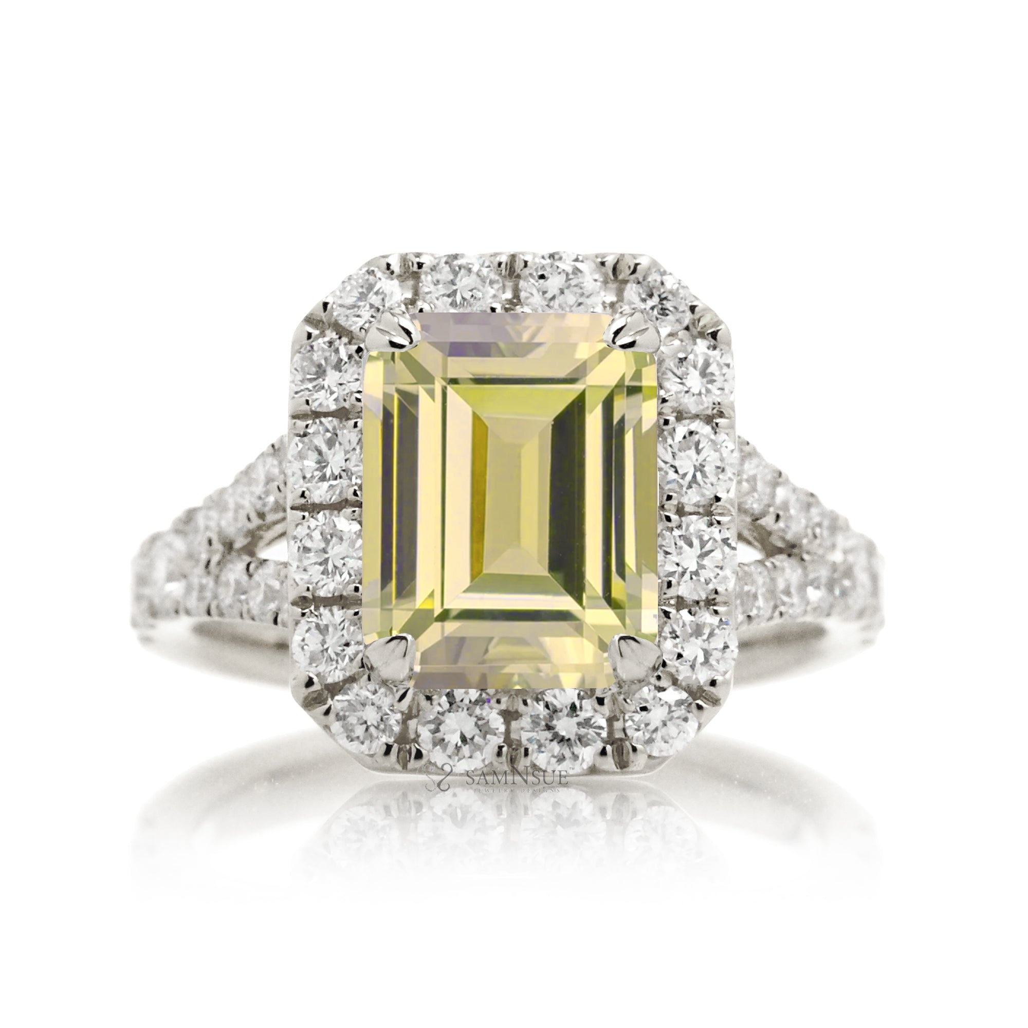 Yellow Sapphire Engagement Ring with Emerald Cut and Split Diamond Band – The Meghan in White Gold