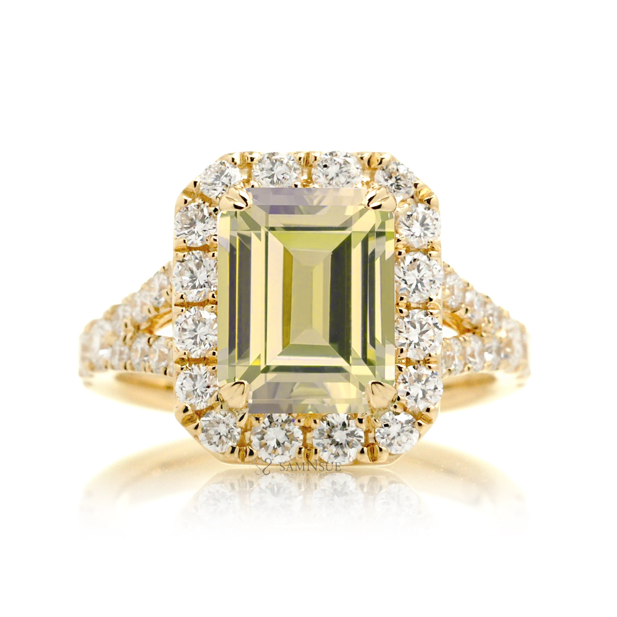 Yellow Sapphire Engagement Ring with Emerald Cut and Split Diamond Band – The Meghan in Yellow Gold
