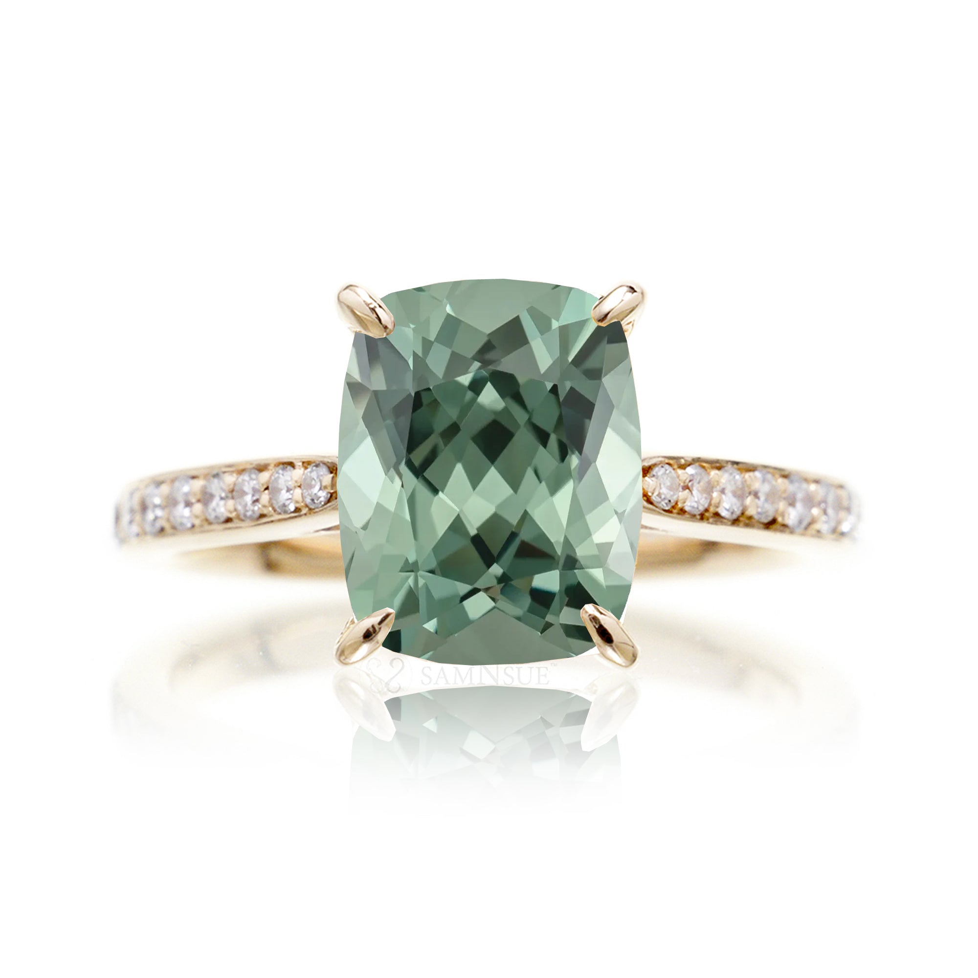 The Emily Cushion Green Sapphire Ring (Lab-Grown)