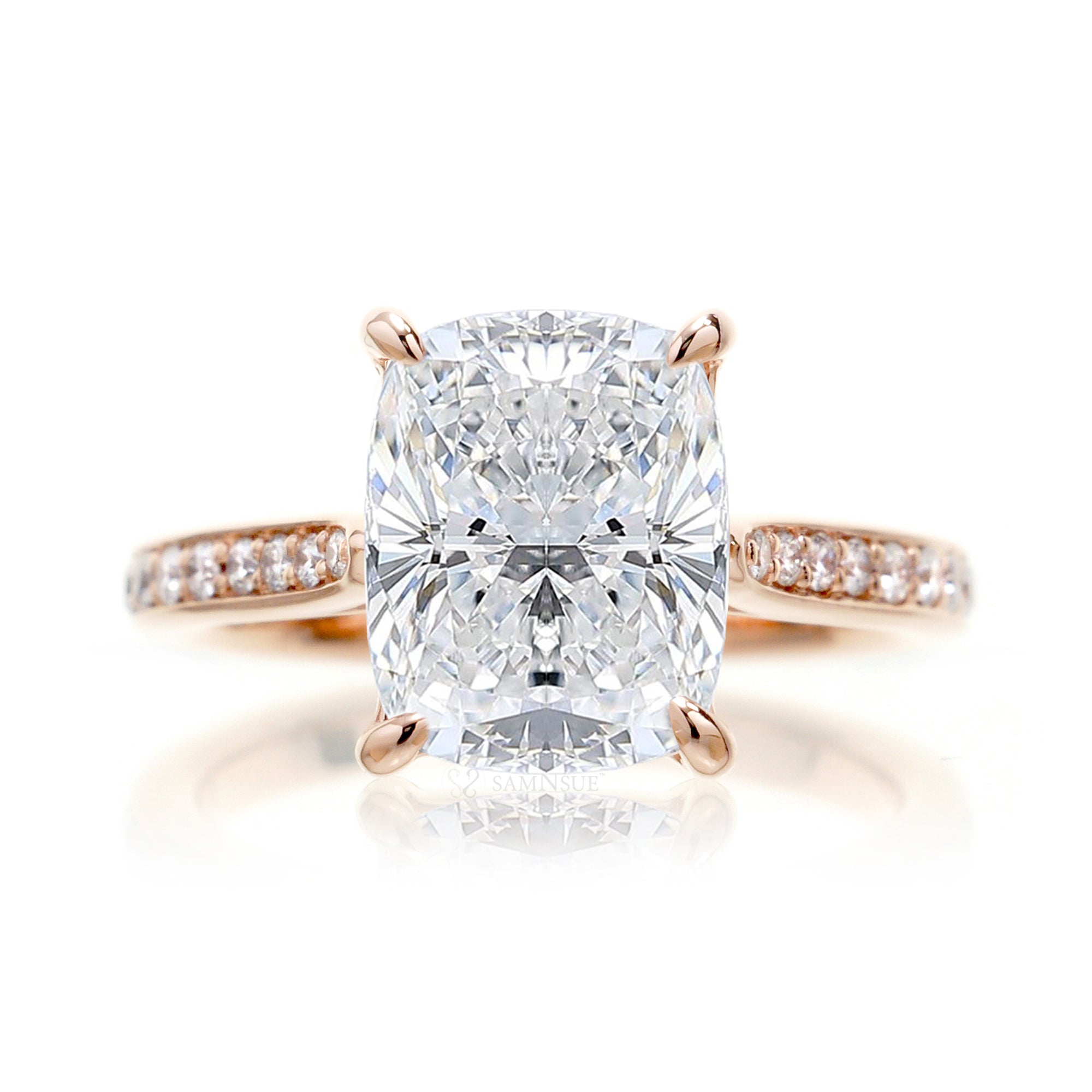 Cushion diamond solitaire engagement ring with diamond band in rose gold