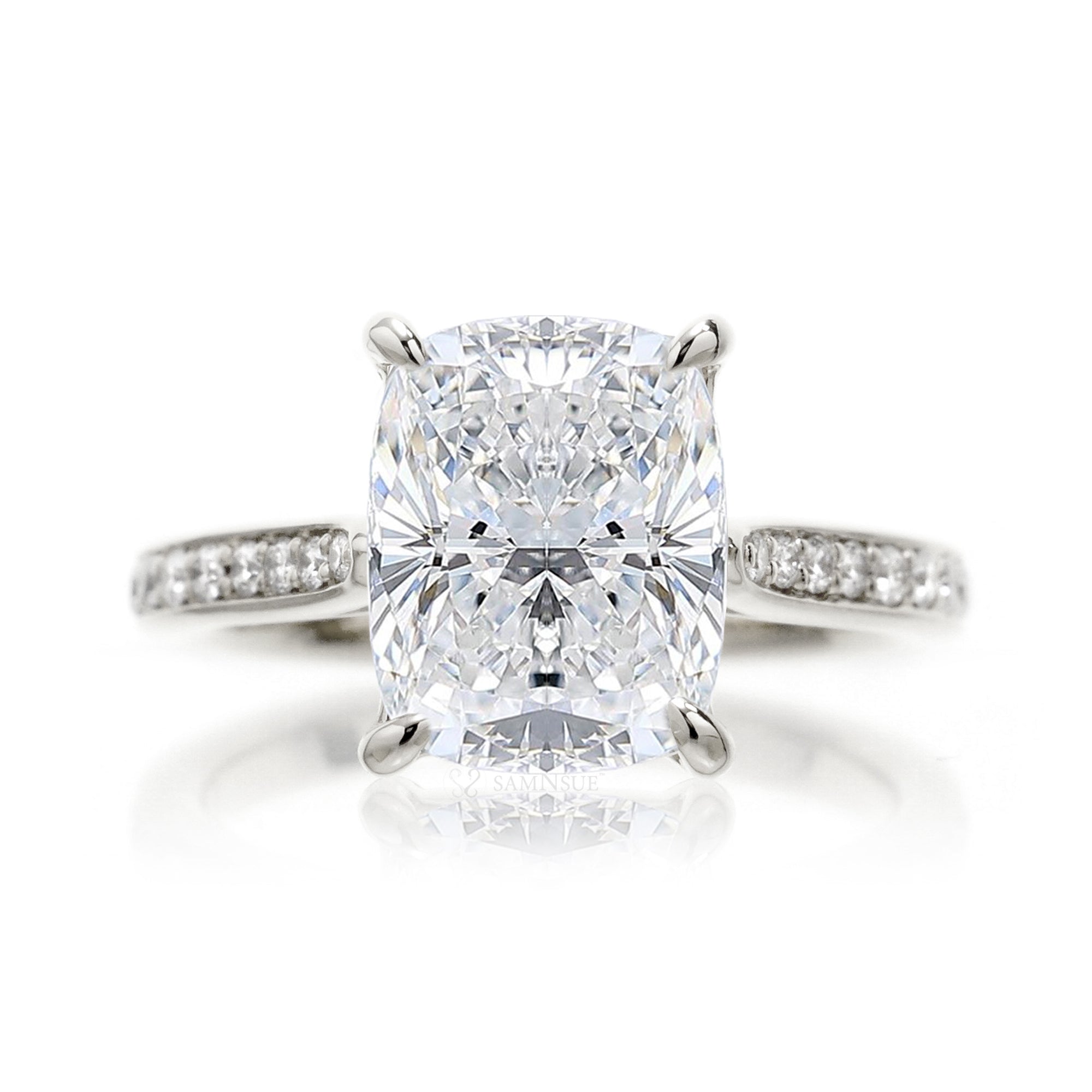 Cushion diamond solitaire engagement ring with diamond band in white gold