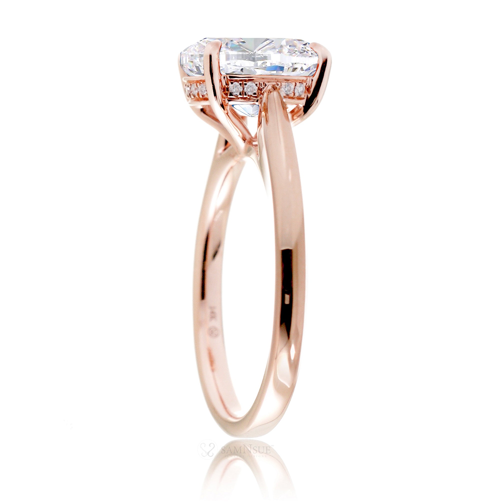Solitaire moissanite engagement ring with a solid band and hidden halo - the Emily in rose gold