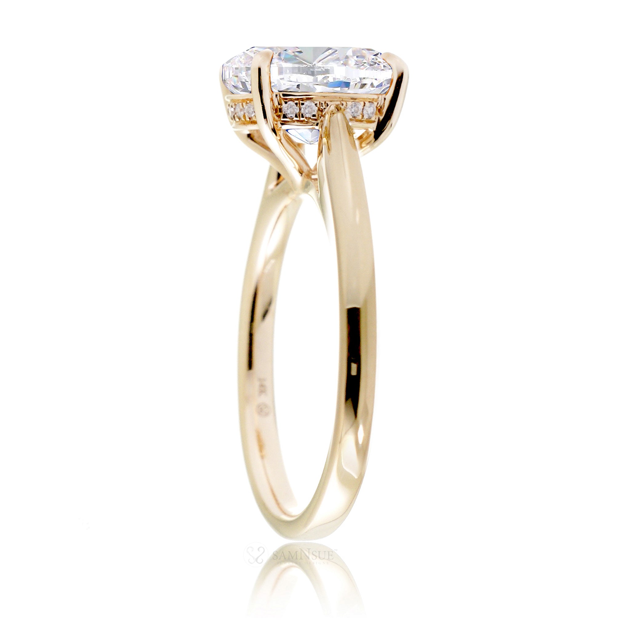 Solitaire moissanite engagement ring with a solid band and hidden halo - the Emily in yellow gold