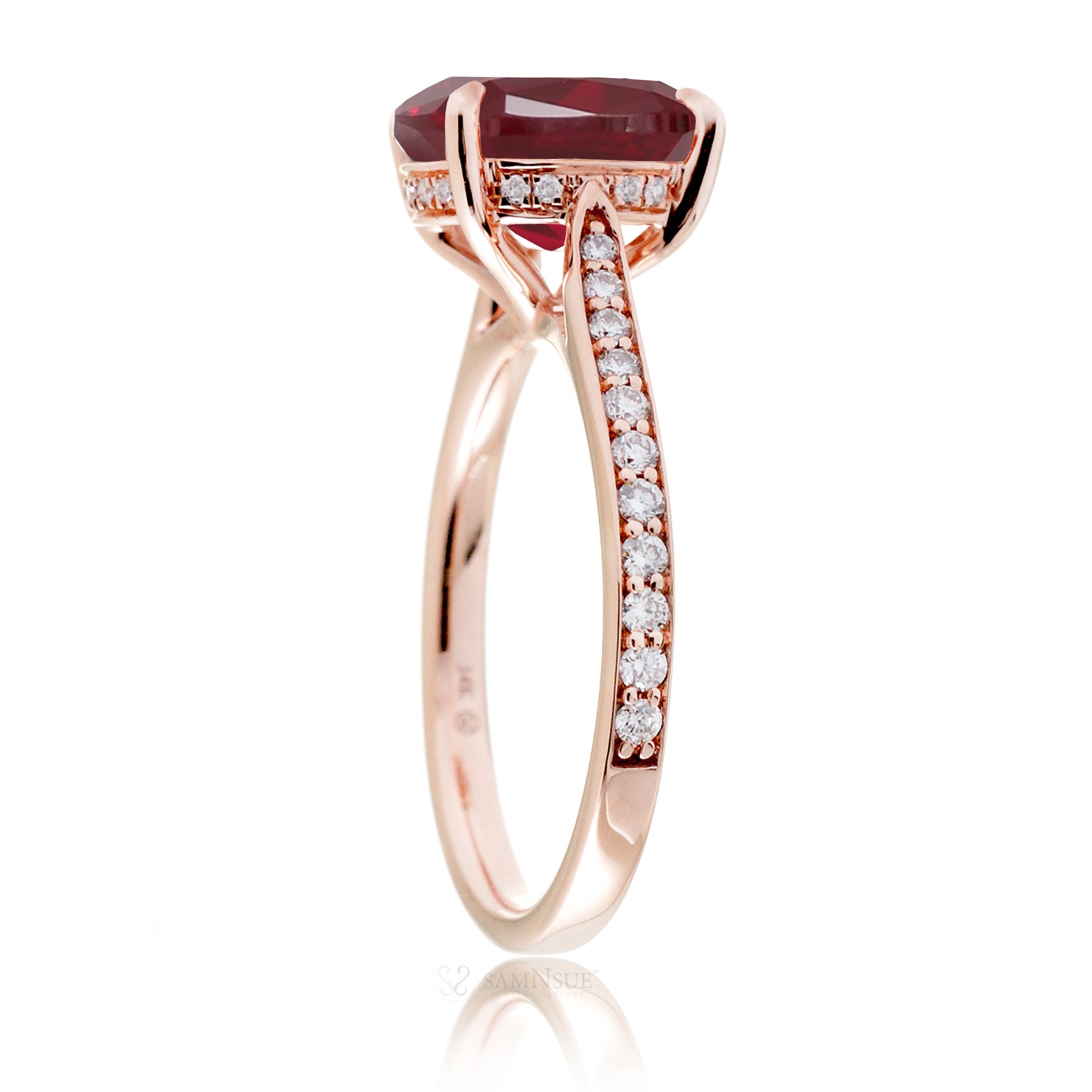 Cushion ruby diamond band and hidden halo engagement ring in rose gold