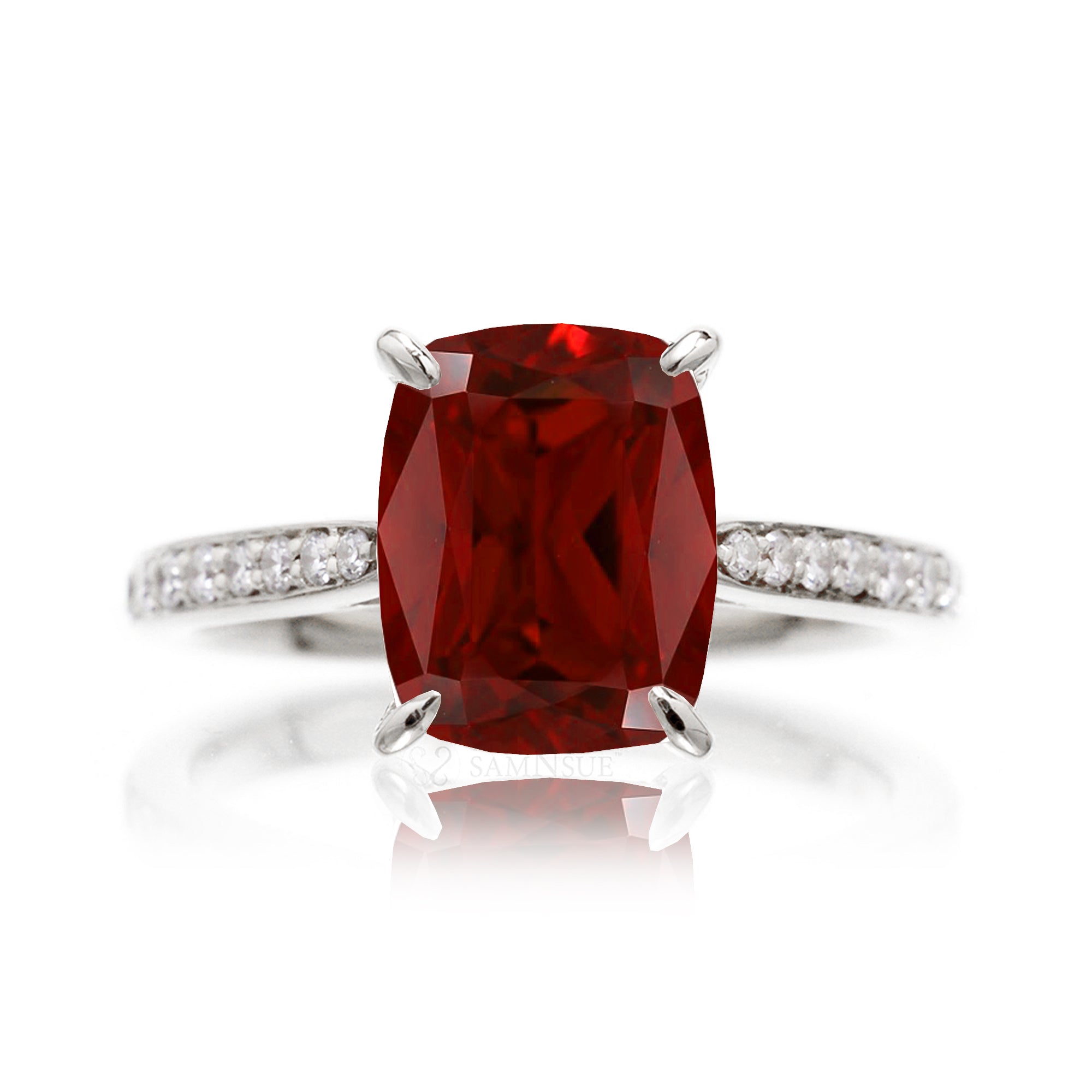 Cushion ruby diamond band engagement ring in white gold