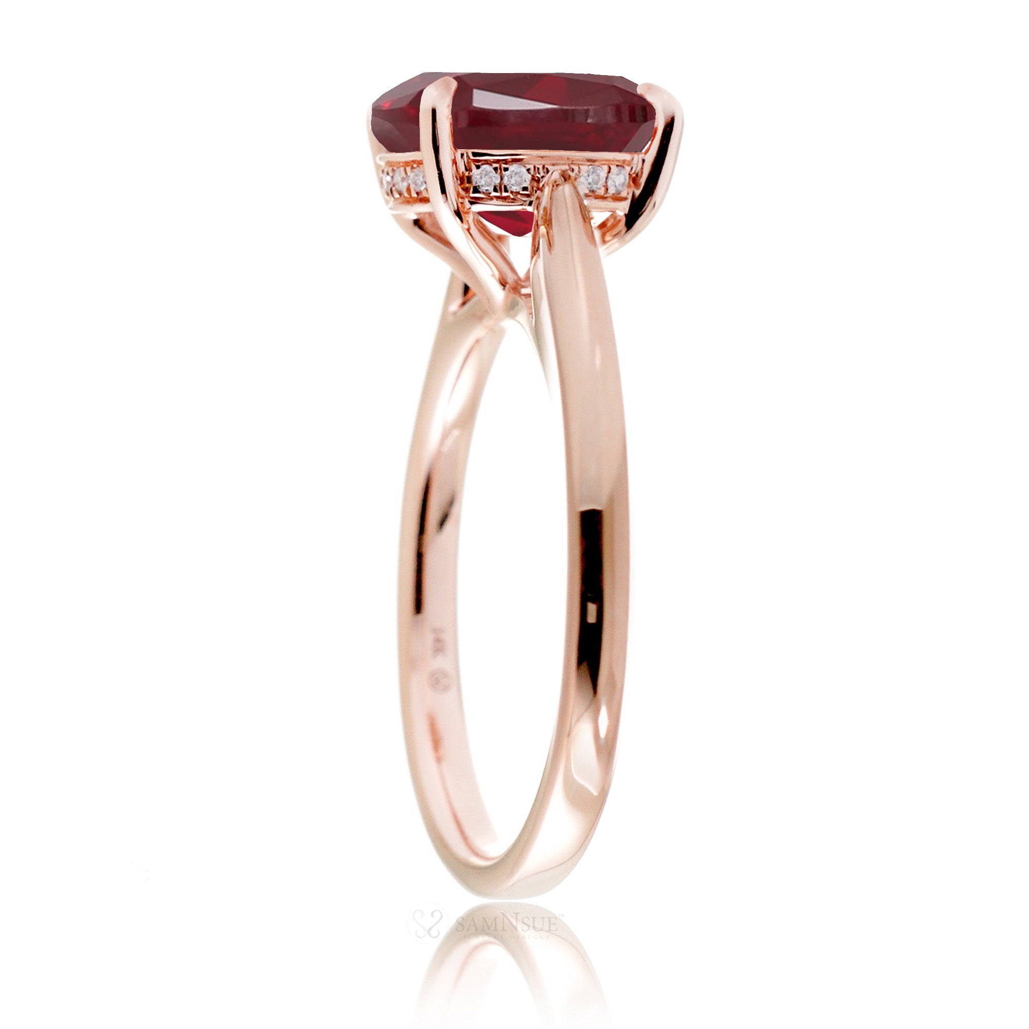 Cushion ruby solid band and hidden halo engagement ring in rose gold