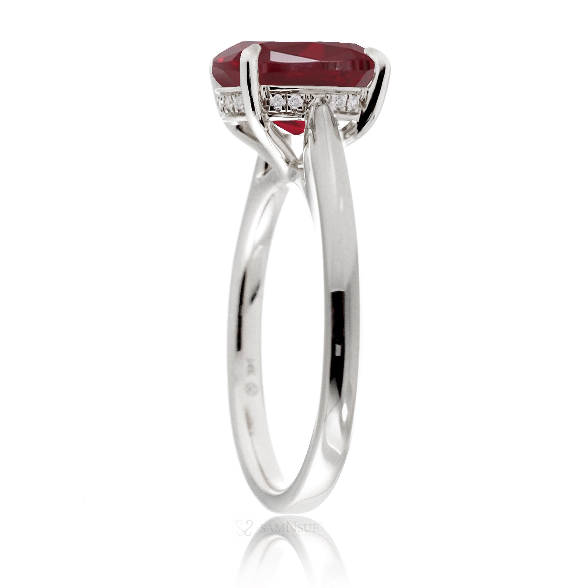 Cushion ruby solid band and hidden halo engagement ring in white gold