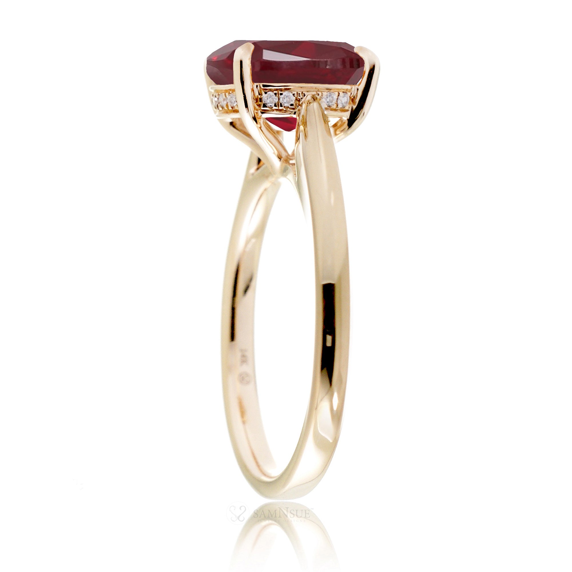 Cushion ruby solid band and hidden halo engagement ring in yellow gold