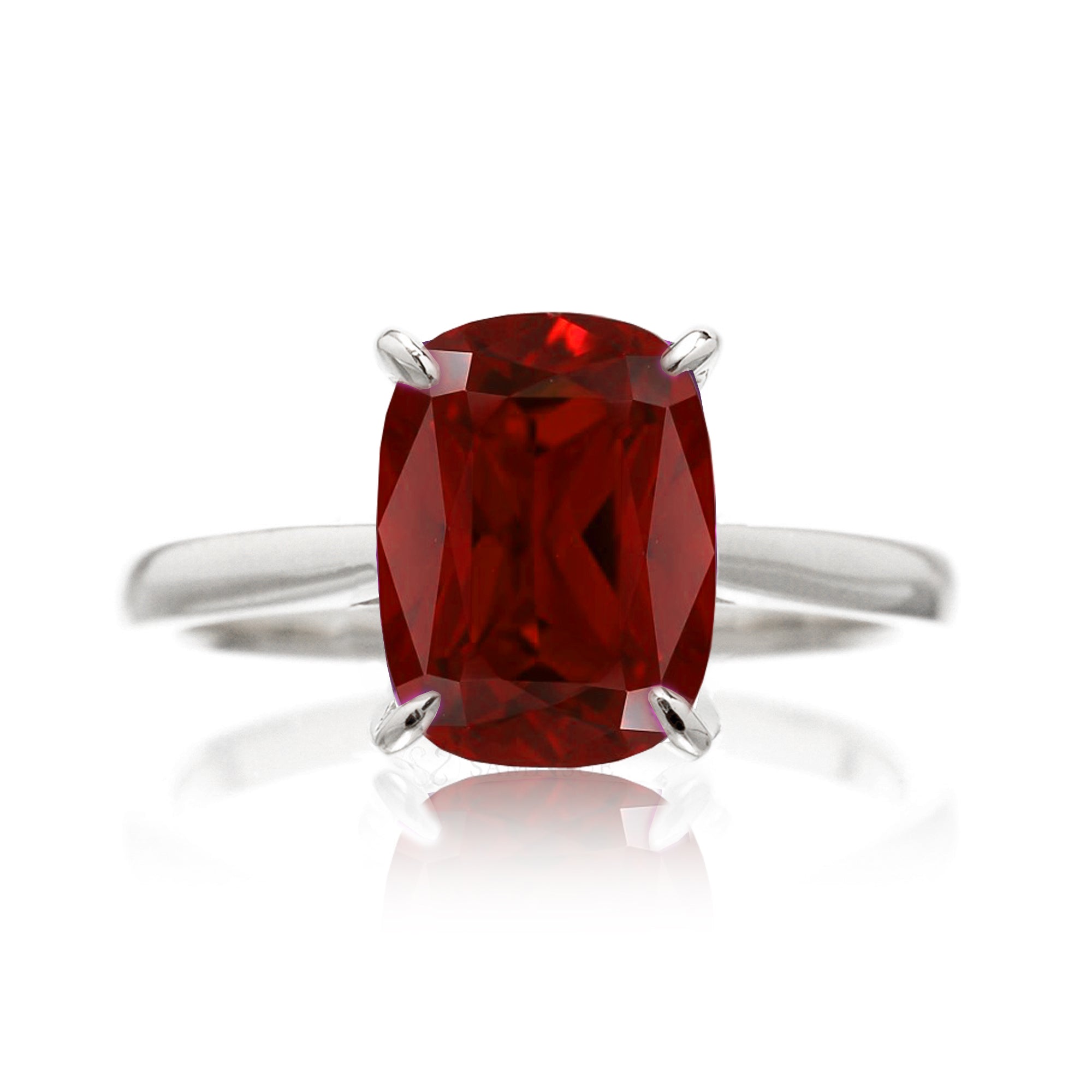 Cushion ruby solid band engagement ring in white gold