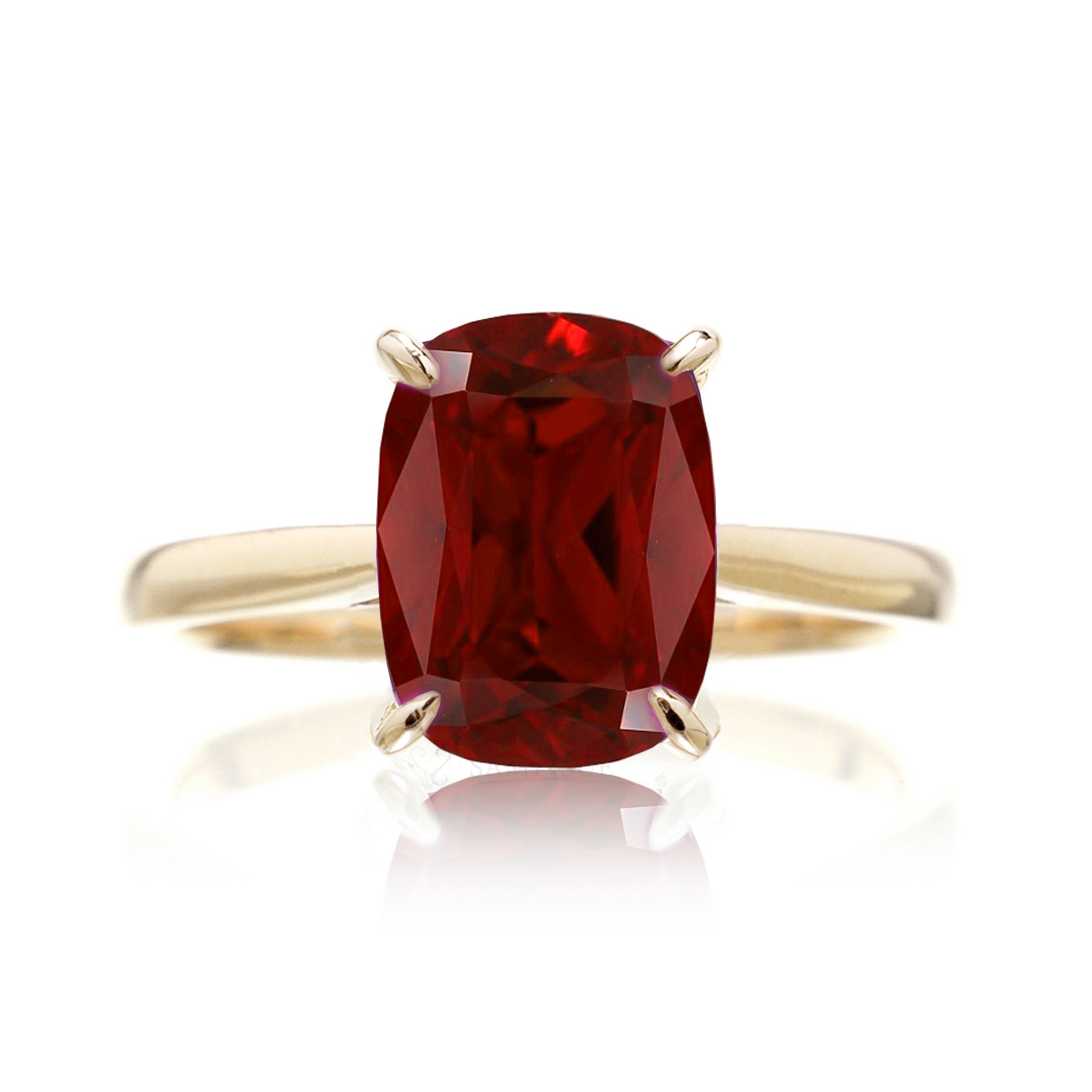 Cushion ruby solid band engagement ring in yellow gold
