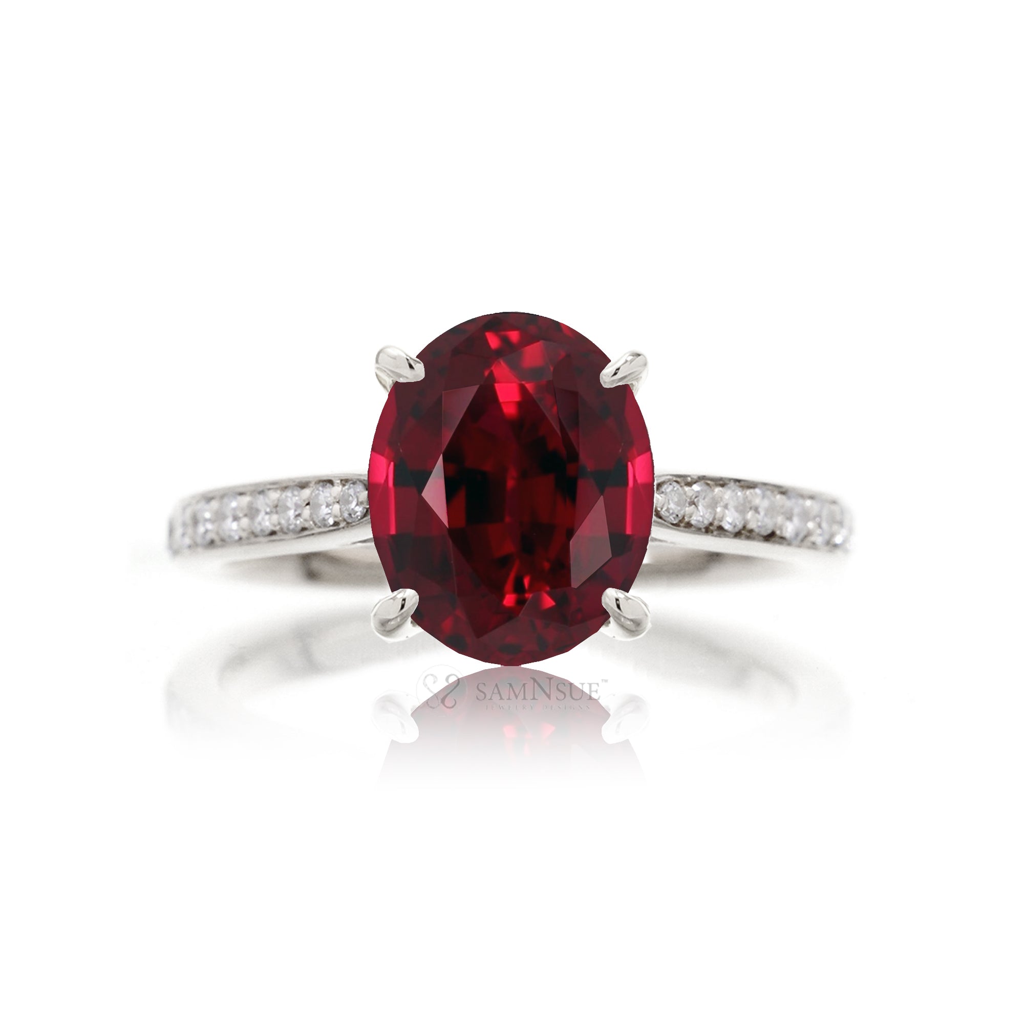 Oval cut ruby engagement ring with diamond hidden halo and band white gold