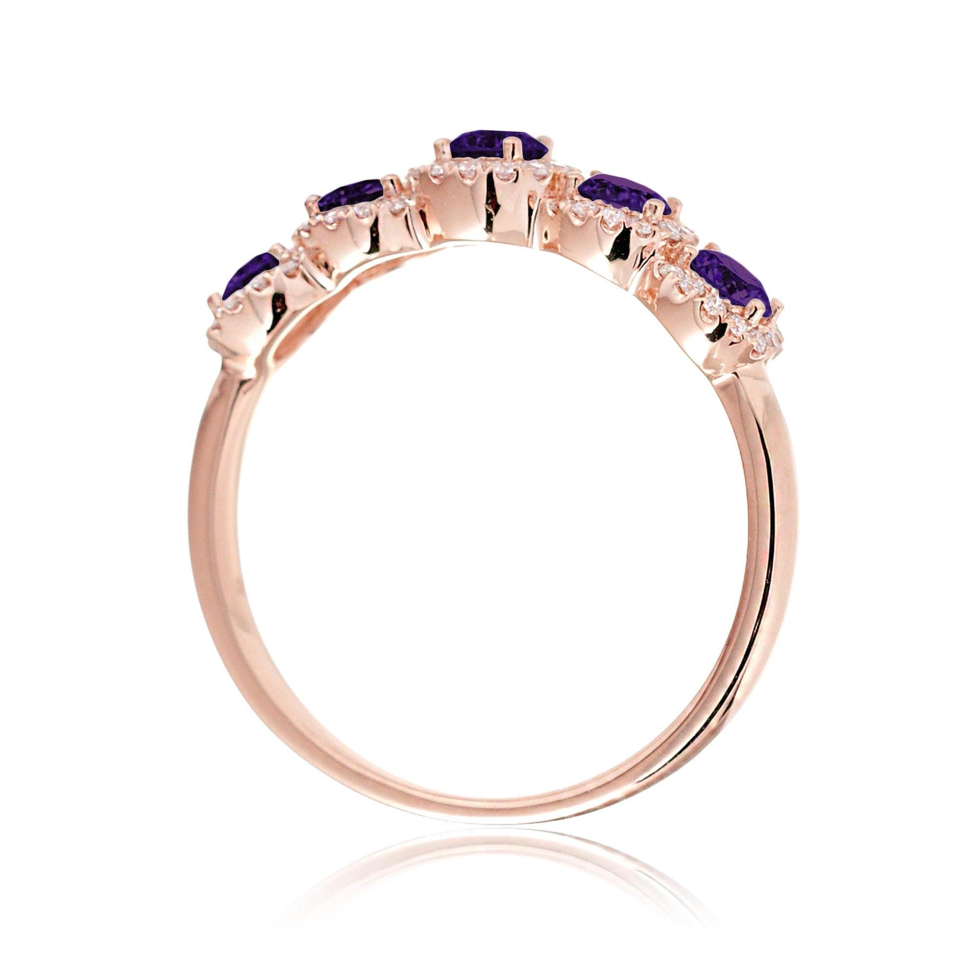 Five stone amethyst with diamond halo anniversary band rose gold