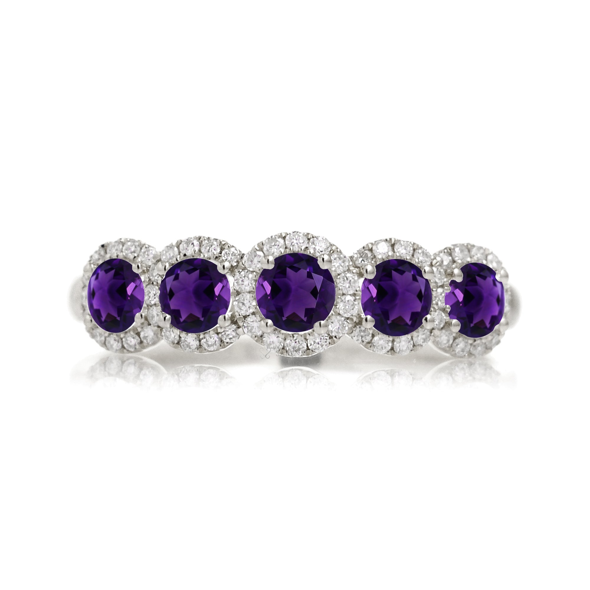 Five stone amethyst with diamond halo anniversary band white gold