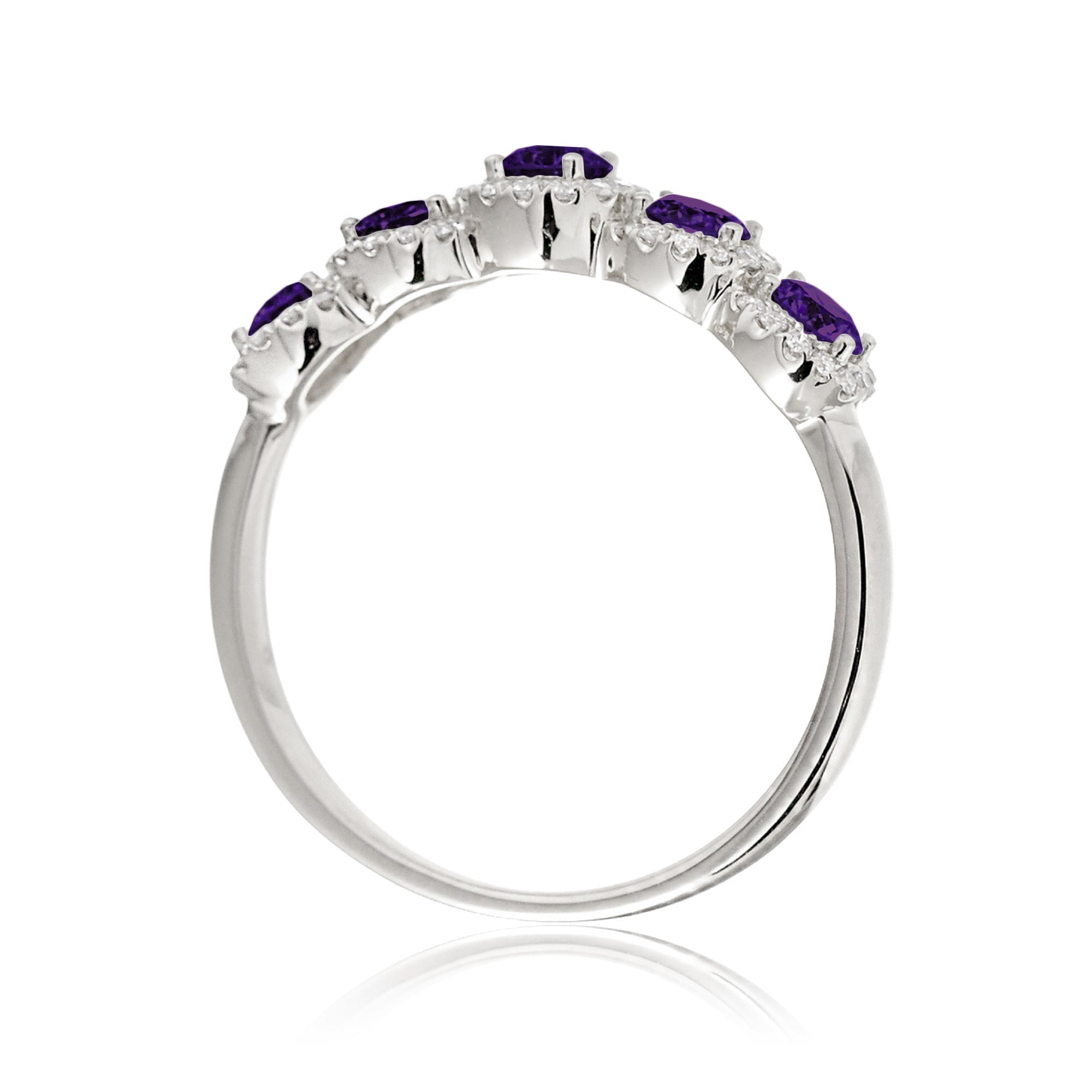 Five stone amethyst with diamond halo anniversary band white gold