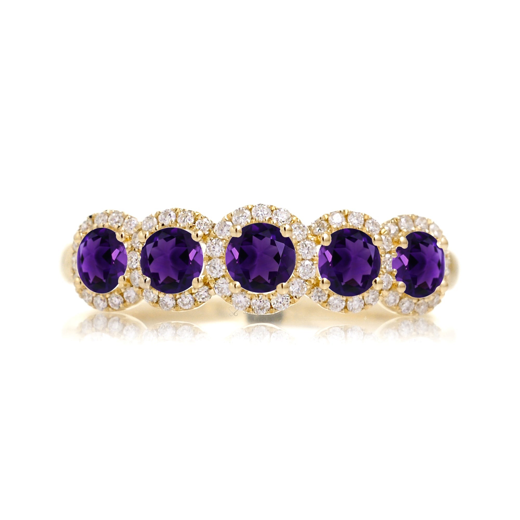 Five stone amethyst with diamond halo anniversary band yellow gold