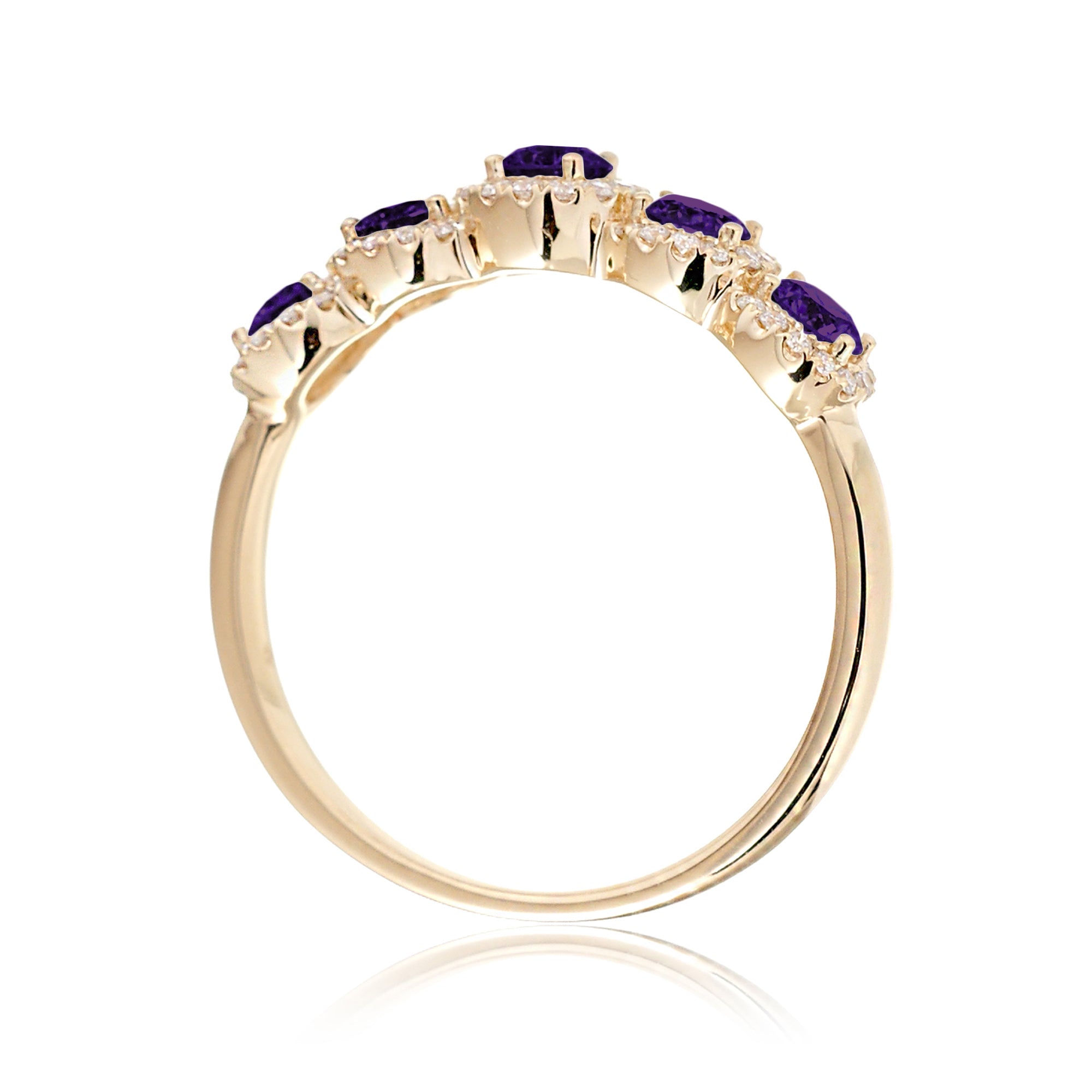 Five stone amethyst with diamond halo anniversary band yellow gold