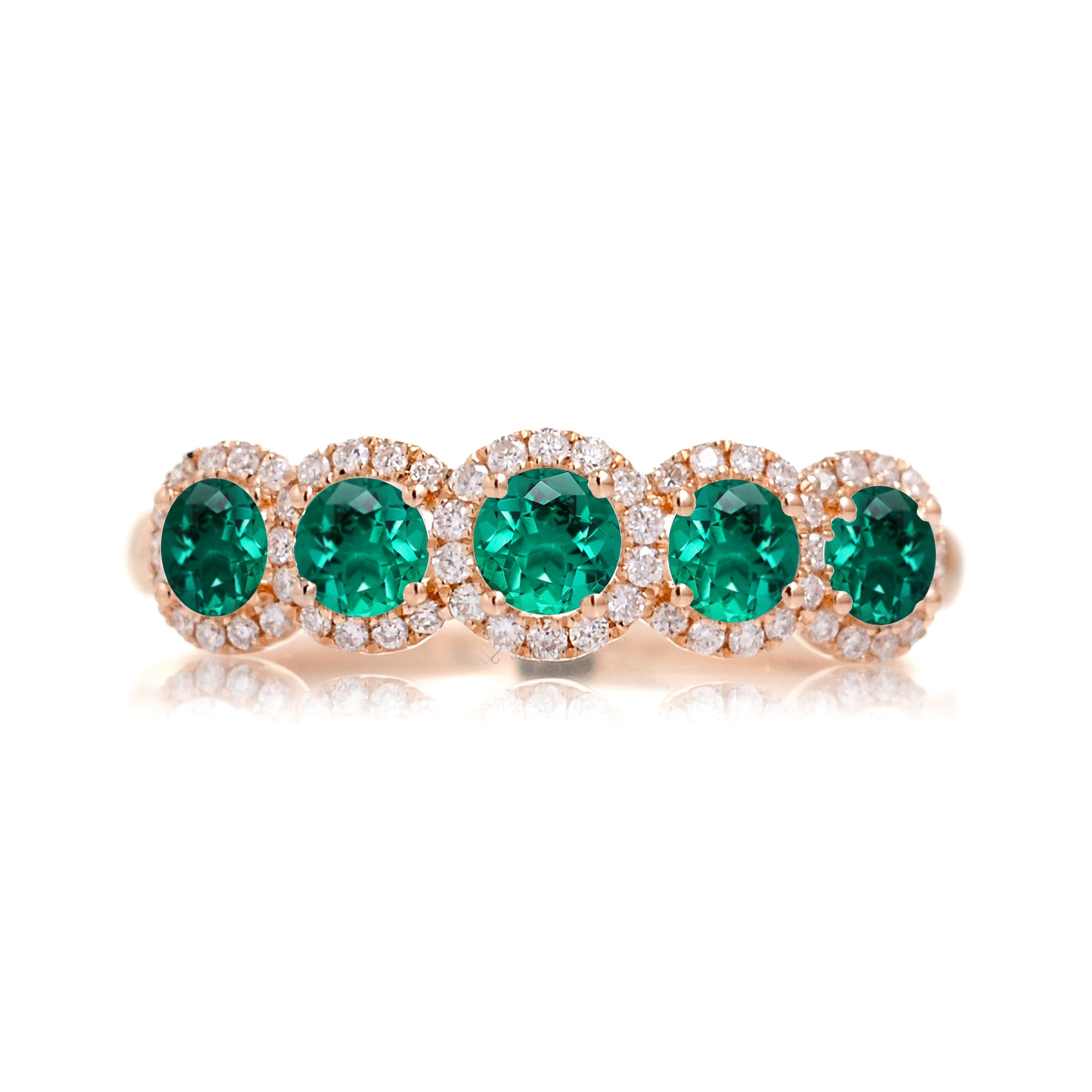 Emerald five stone diamond halo anniversary wedding band rose gold