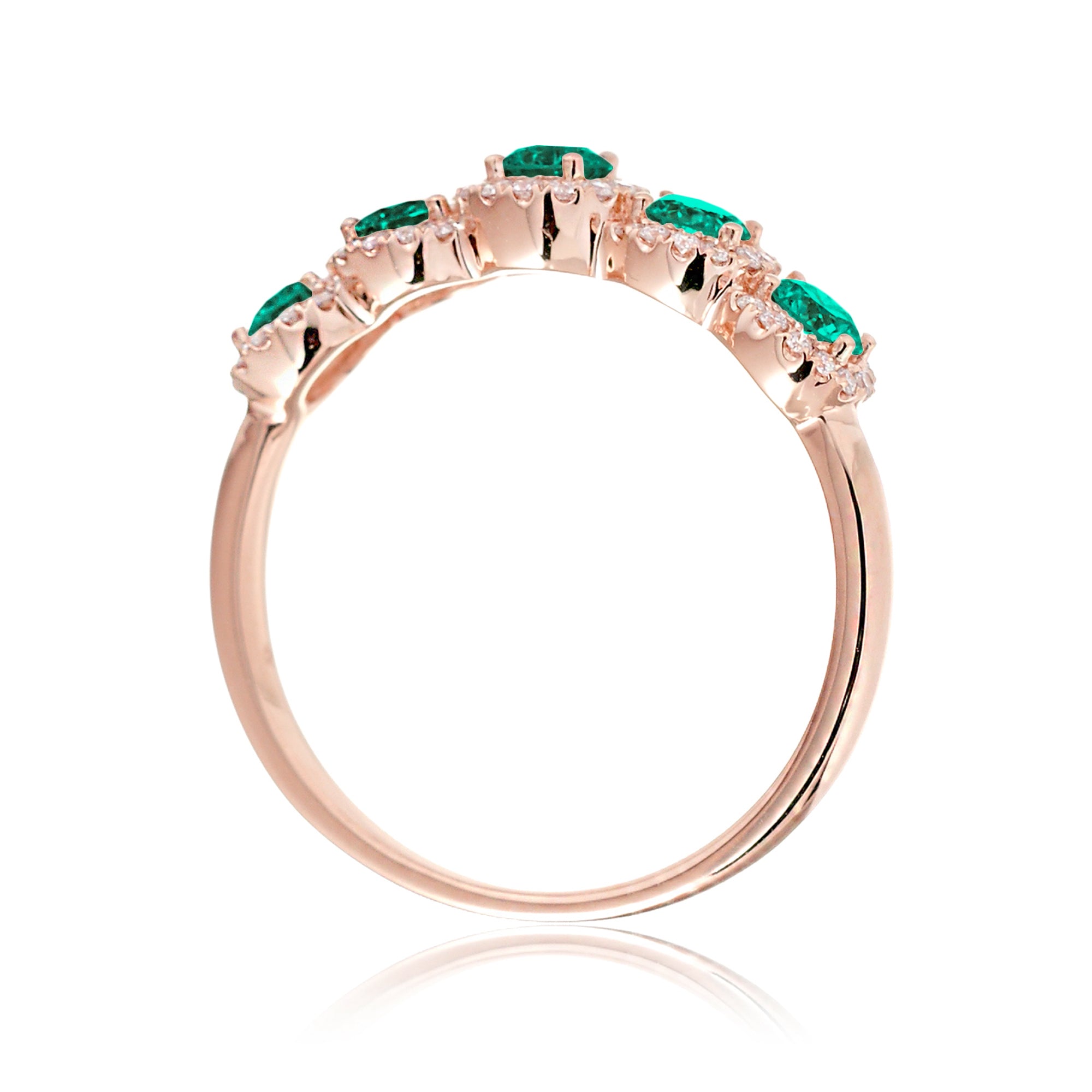 Emerald five stone diamond halo anniversary wedding band rose gold