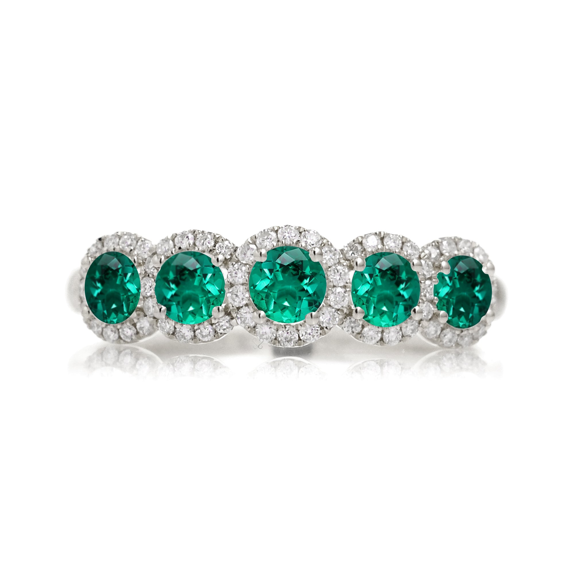 Emerald five stone diamond halo anniversary wedding band white gold