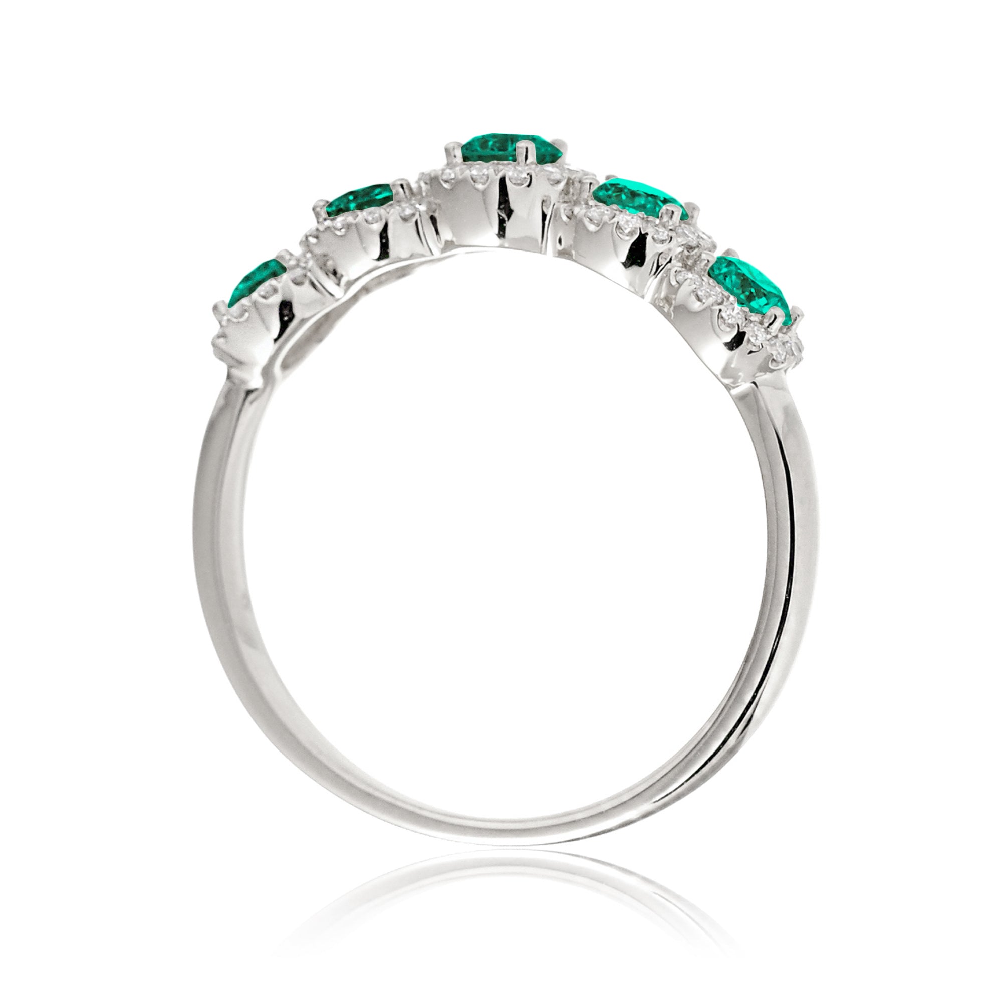 Emerald five stone diamond halo anniversary wedding band white gold