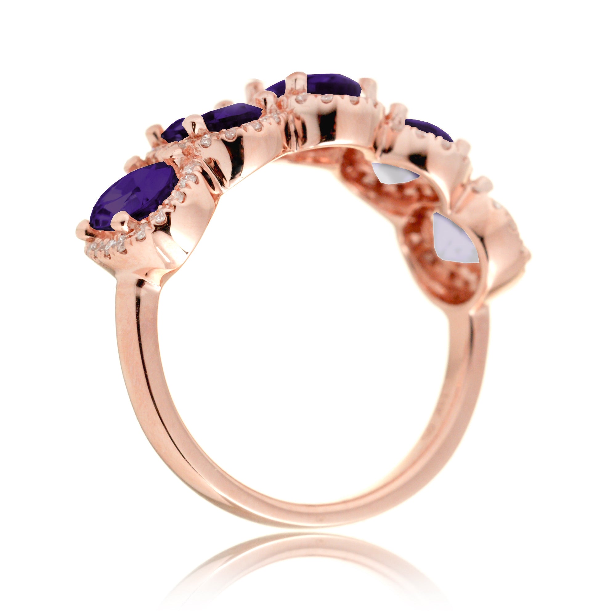 Amethyst five stone wedding anniversary band with diamond halo in rose gold