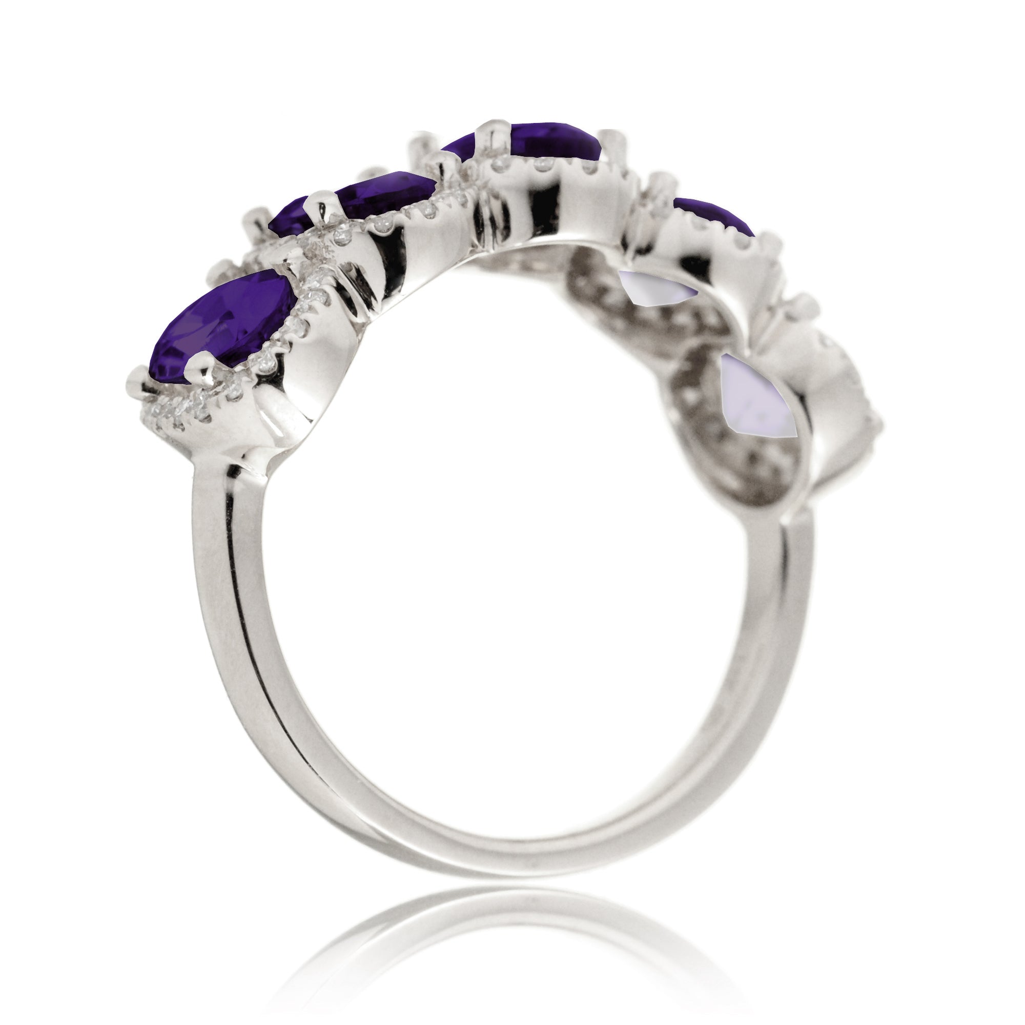 Amethyst five stone wedding anniversary band with diamond halo in white gold