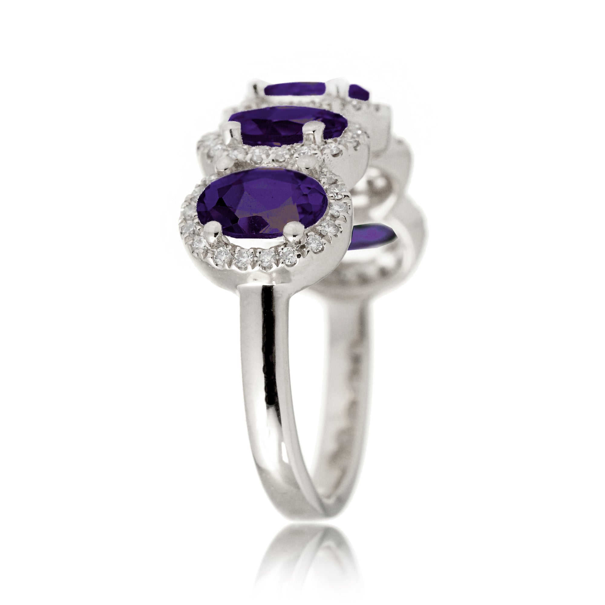 Amethyst five stone wedding anniversary band with diamond halo in white gold