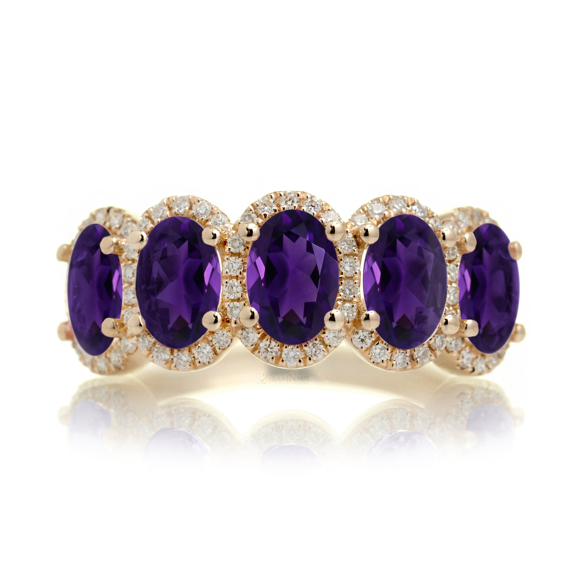 Amethyst five stone wedding anniversary band with diamond halo in yellow gold