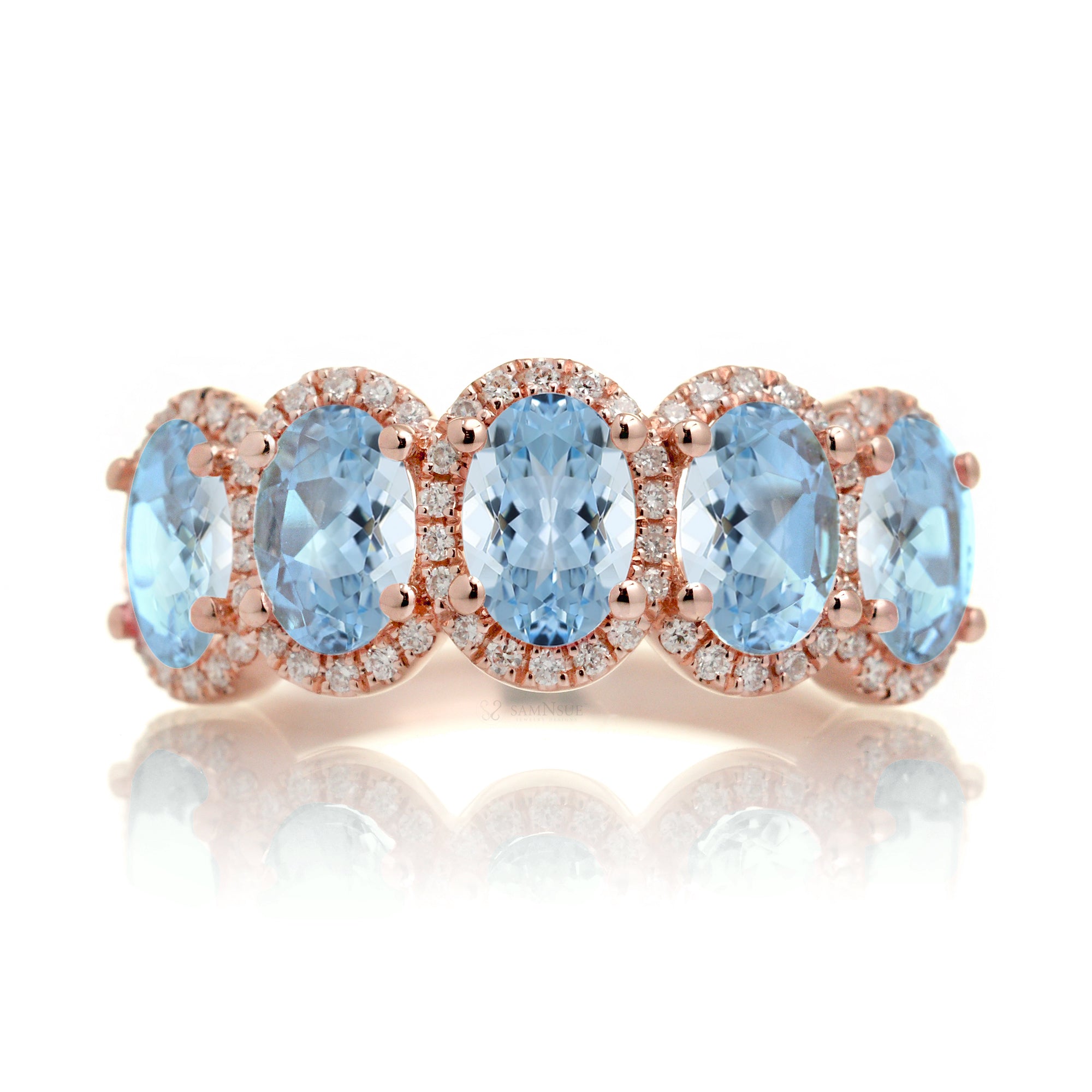 Five stone wedding anniversary aquamarine diamond halo band rose gold