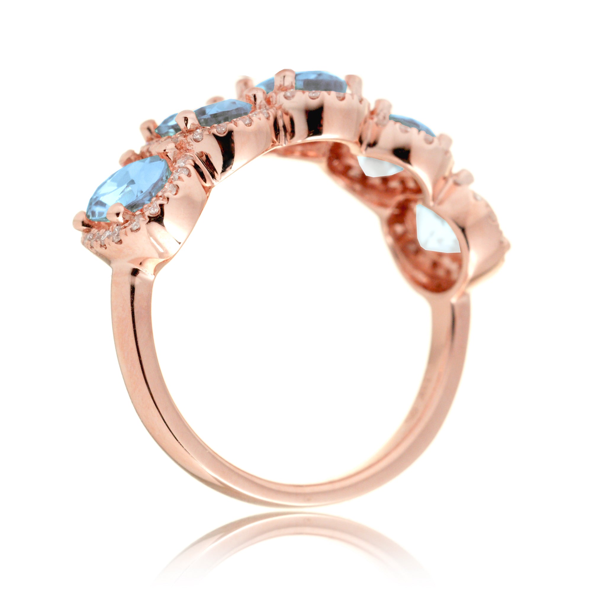 Five stone wedding anniversary aquamarine diamond halo band rose gold