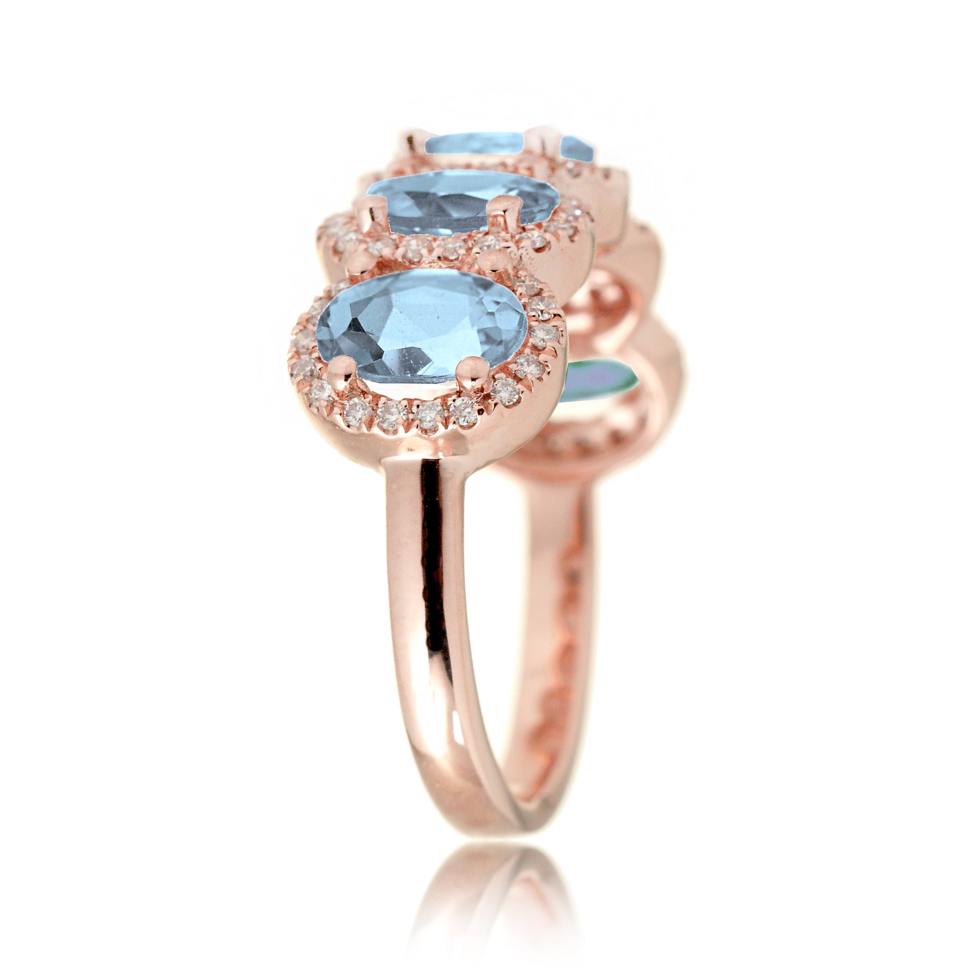 Five stone wedding anniversary aquamarine diamond halo band rose gold