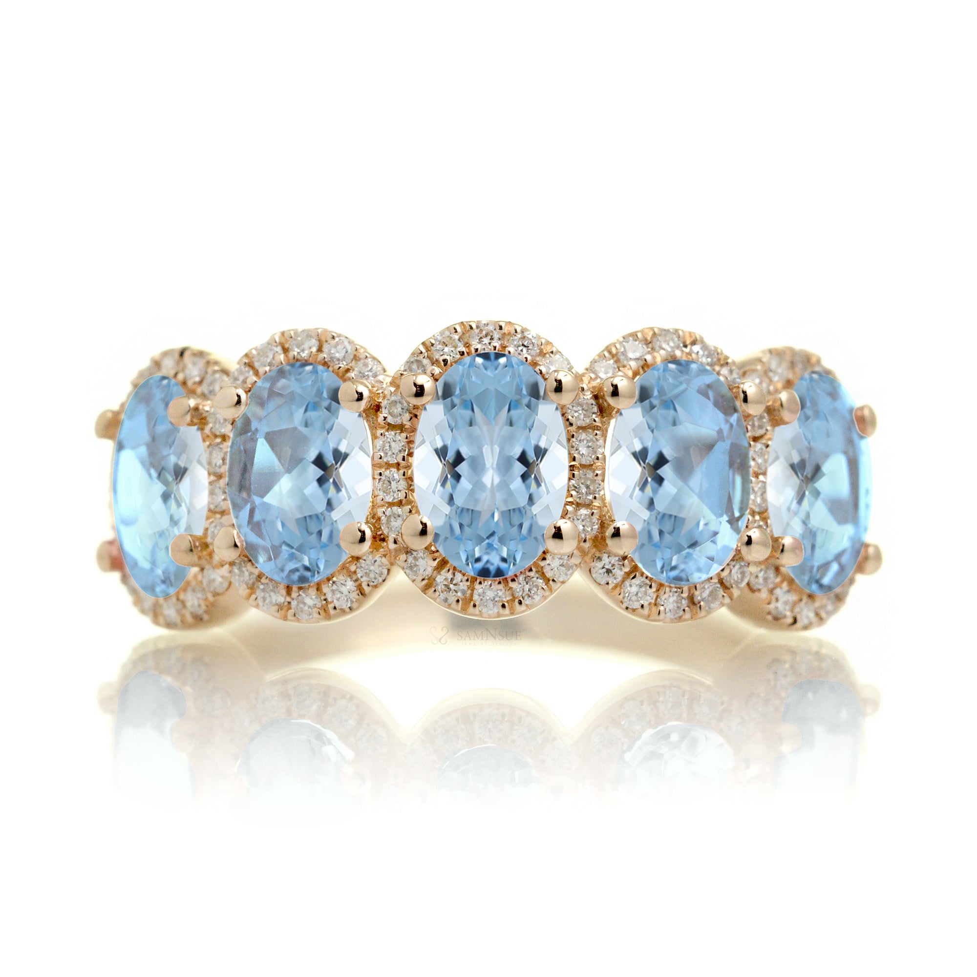 Five stone wedding anniversary aquamarine diamond halo band yellow gold